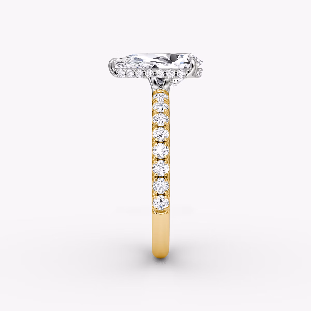 The Signature | Pear | 18k | Yellow Gold and Platinum | bandAccent: Pavé | bandWidth: large | hiddenHalo: yes | diamondOrientation: vertical | caratWeight: other