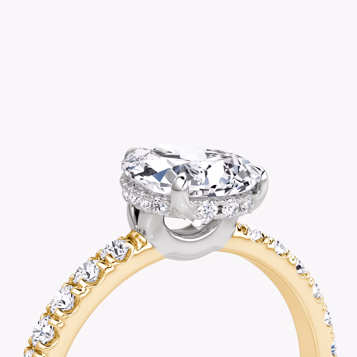 The Signature | Pear | 18k | Yellow Gold and Platinum | bandAccent: Pavé | bandWidth: large | hiddenHalo: yes | diamondOrientation: vertical | caratWeight: other