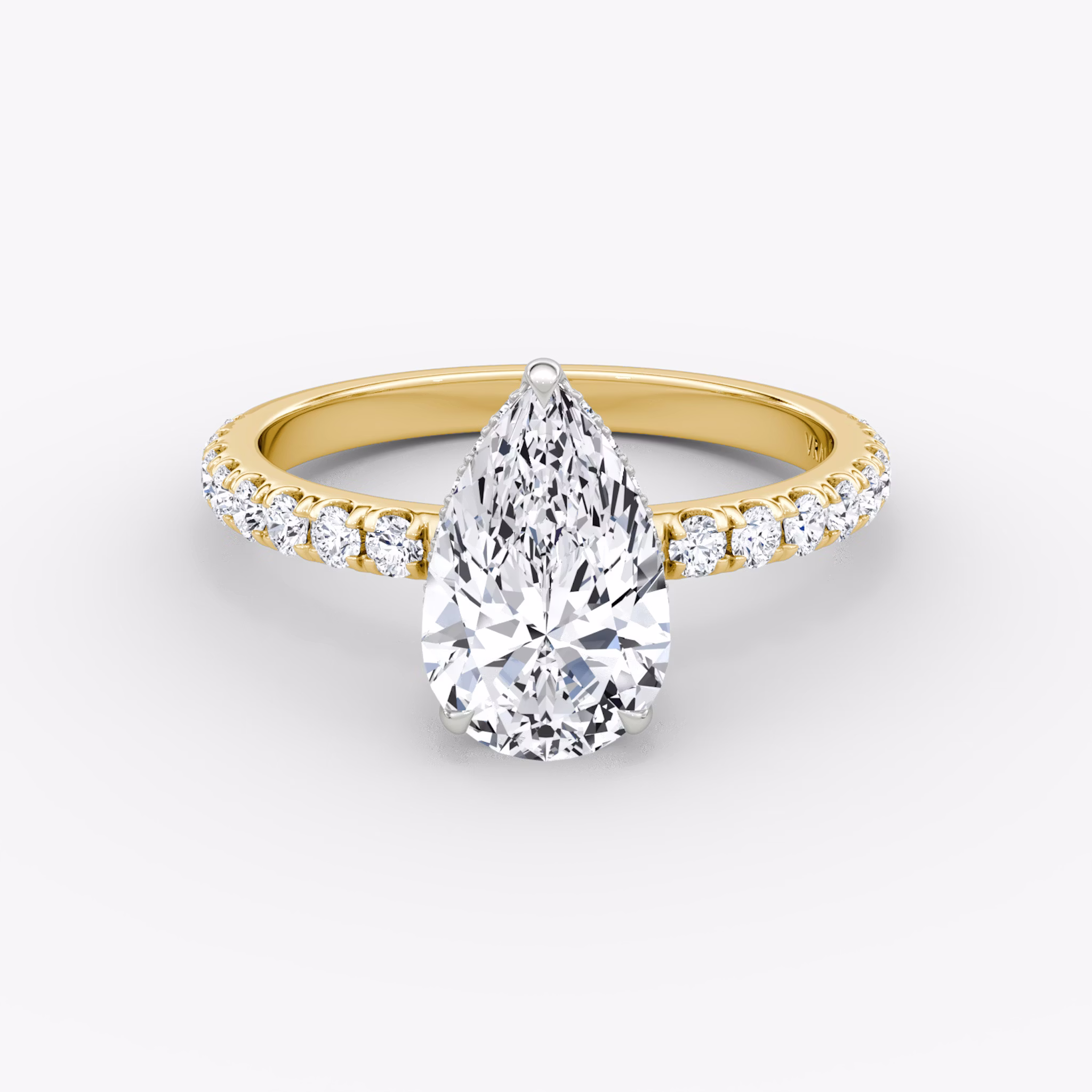 The Signature | Pear | 18k | Yellow Gold and Platinum | bandAccent: Pavé | bandWidth: large | hiddenHalo: yes | diamondOrientation: vertical | caratWeight: other