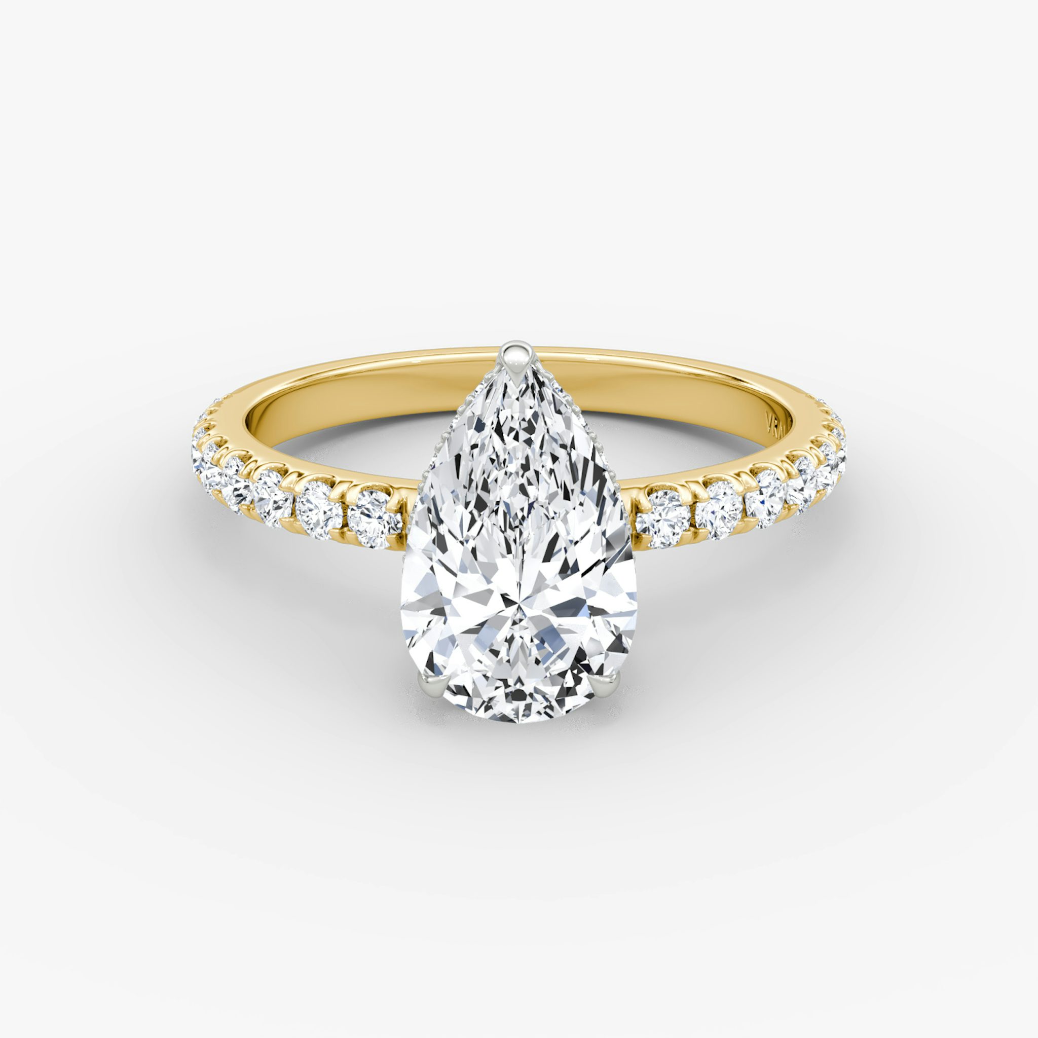 The Signature | Pear | 18k | Yellow Gold and Platinum | bandAccent: Pavé | bandWidth: large | hiddenHalo: yes | diamondOrientation: vertical | caratWeight: other