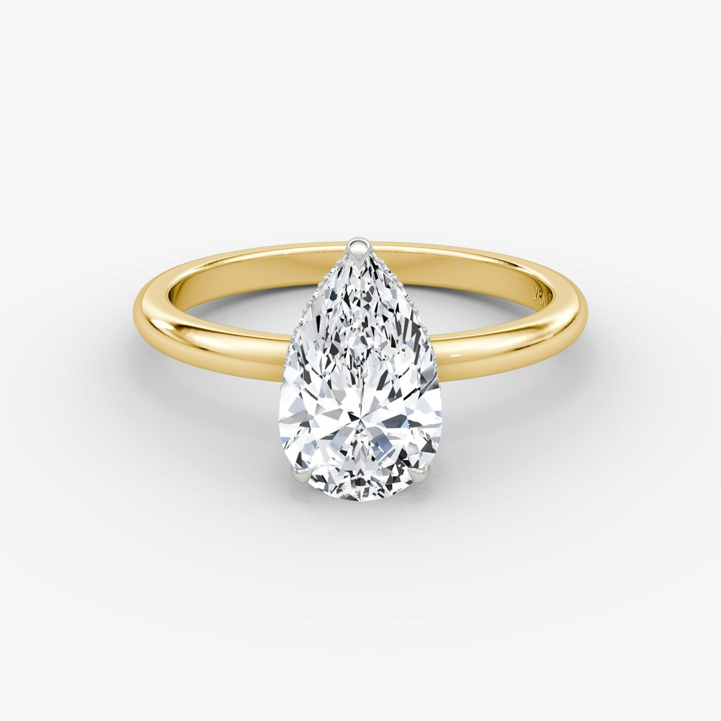 The Signature | Pear | 18k | Yellow Gold and Platinum | bandAccent: Plain | bandWidth: large | hiddenHalo: yes | diamondOrientation: vertical | caratWeight: other
