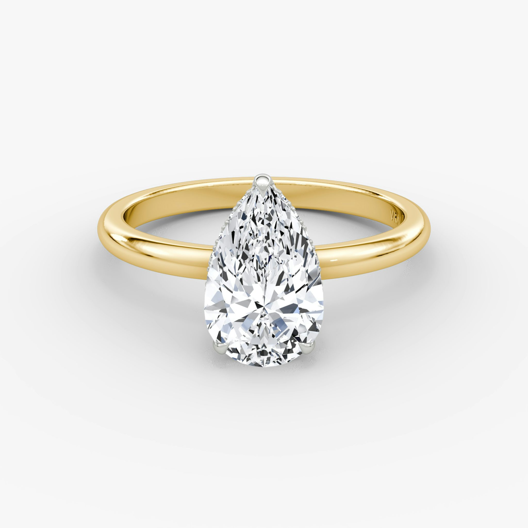 The Signature | Pear | 18k | Yellow Gold and Platinum | bandAccent: Plain | bandWidth: large | hiddenHalo: yes | diamondOrientation: vertical | caratWeight: other