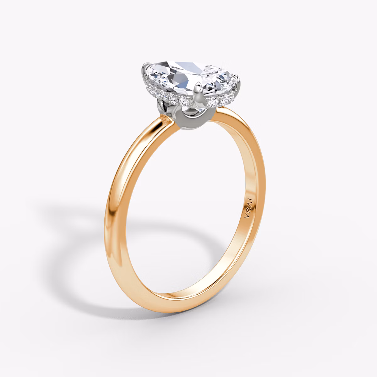 The Signature | Pear | 14k | Rose Gold and Platinum | bandAccent: Plain | bandWidth: large | hiddenHalo: yes | diamondOrientation: vertical | caratWeight: other
