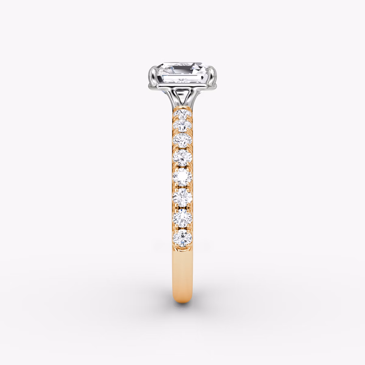 The Signature | Asscher | 14k | Rose Gold and Platinum | bandAccent: Pavé | bandWidth: large | hiddenHalo: no | diamondOrientation: vertical | caratWeight: other