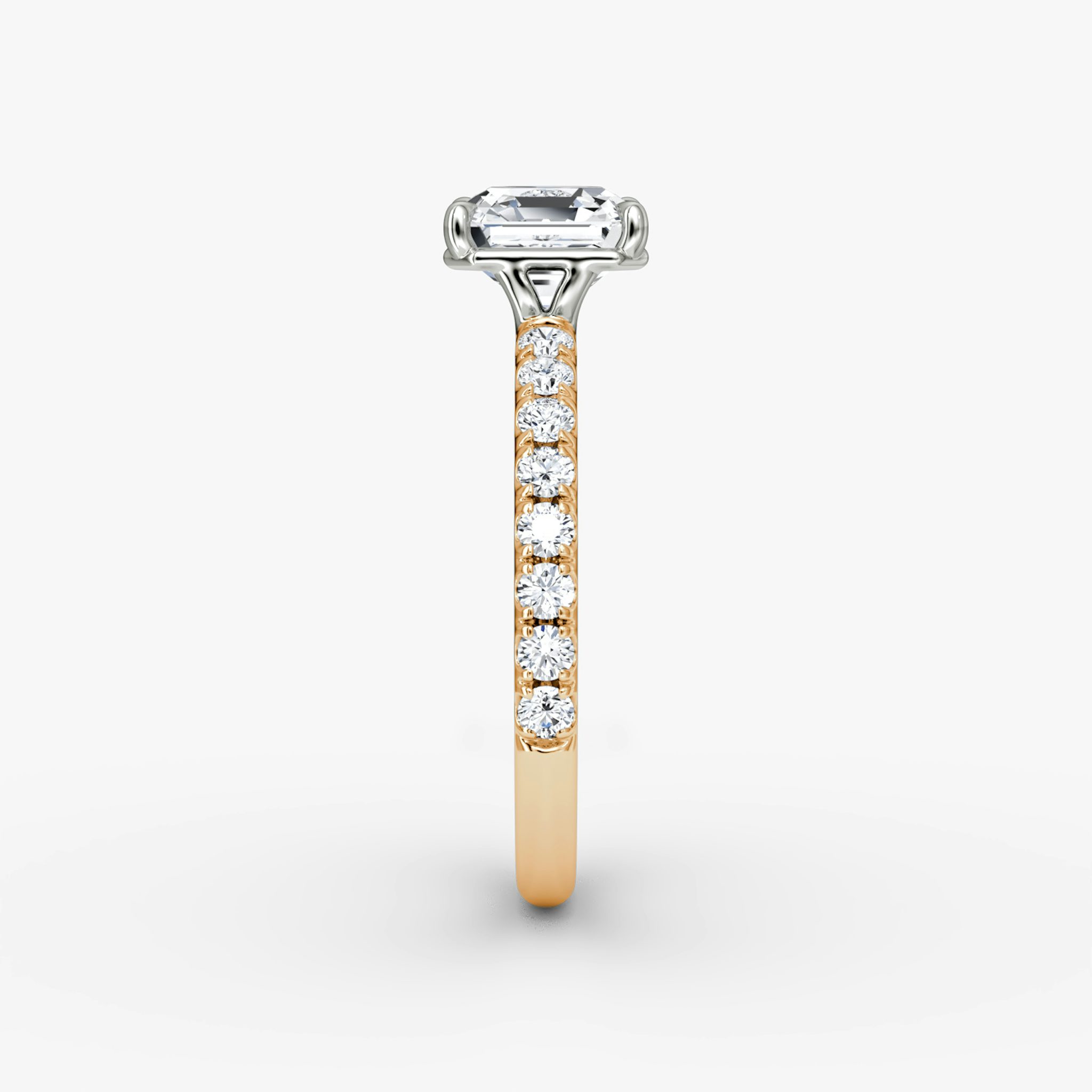 The Signature | Asscher | 14k | Rose Gold and Platinum | bandAccent: Pavé | bandWidth: large | hiddenHalo: no | diamondOrientation: vertical | caratWeight: other