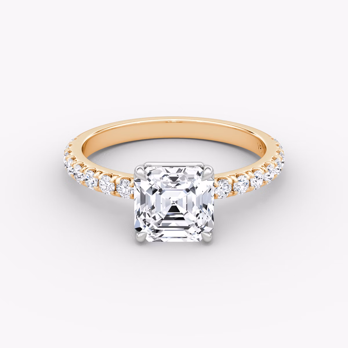 The Signature | Asscher | 14k | Rose Gold and Platinum | bandAccent: Pavé | bandWidth: large | hiddenHalo: no | diamondOrientation: vertical | caratWeight: other