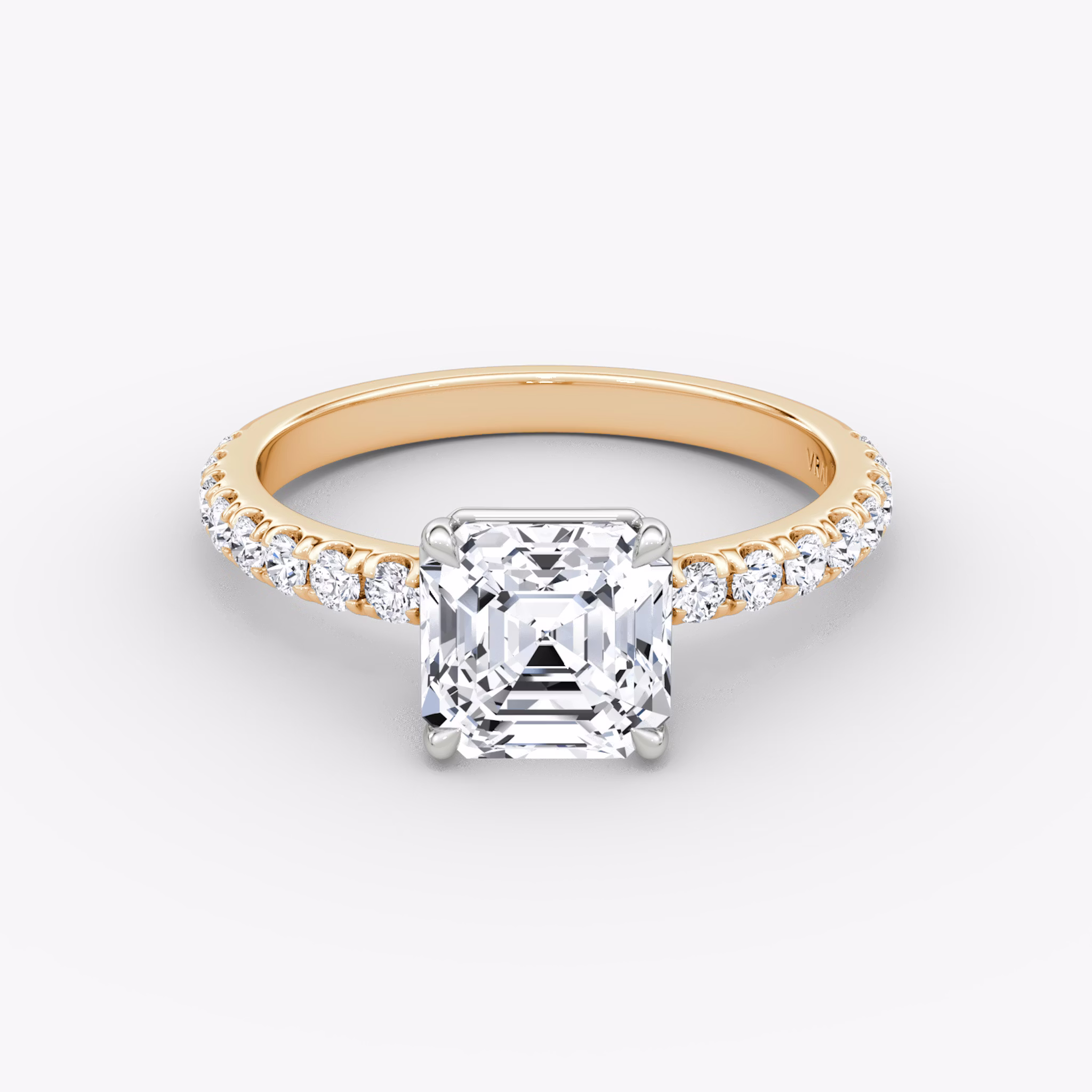 The Signature | Asscher | 14k | Rose Gold and Platinum | bandAccent: Pavé | bandWidth: large | hiddenHalo: no | diamondOrientation: vertical | caratWeight: other