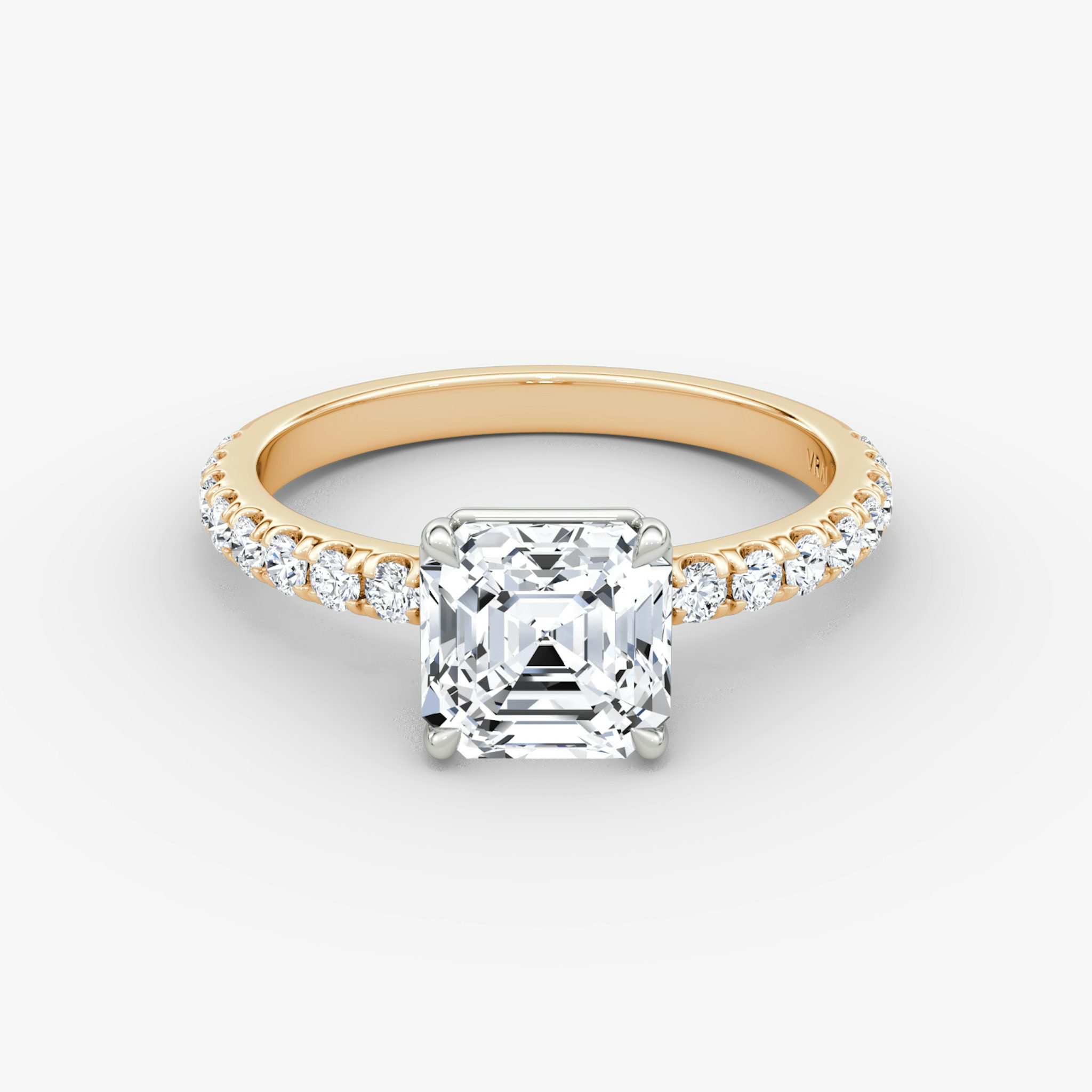 The Signature | Asscher | 14k | Rose Gold and Platinum | bandAccent: Pavé | bandWidth: large | hiddenHalo: no | diamondOrientation: vertical | caratWeight: other
