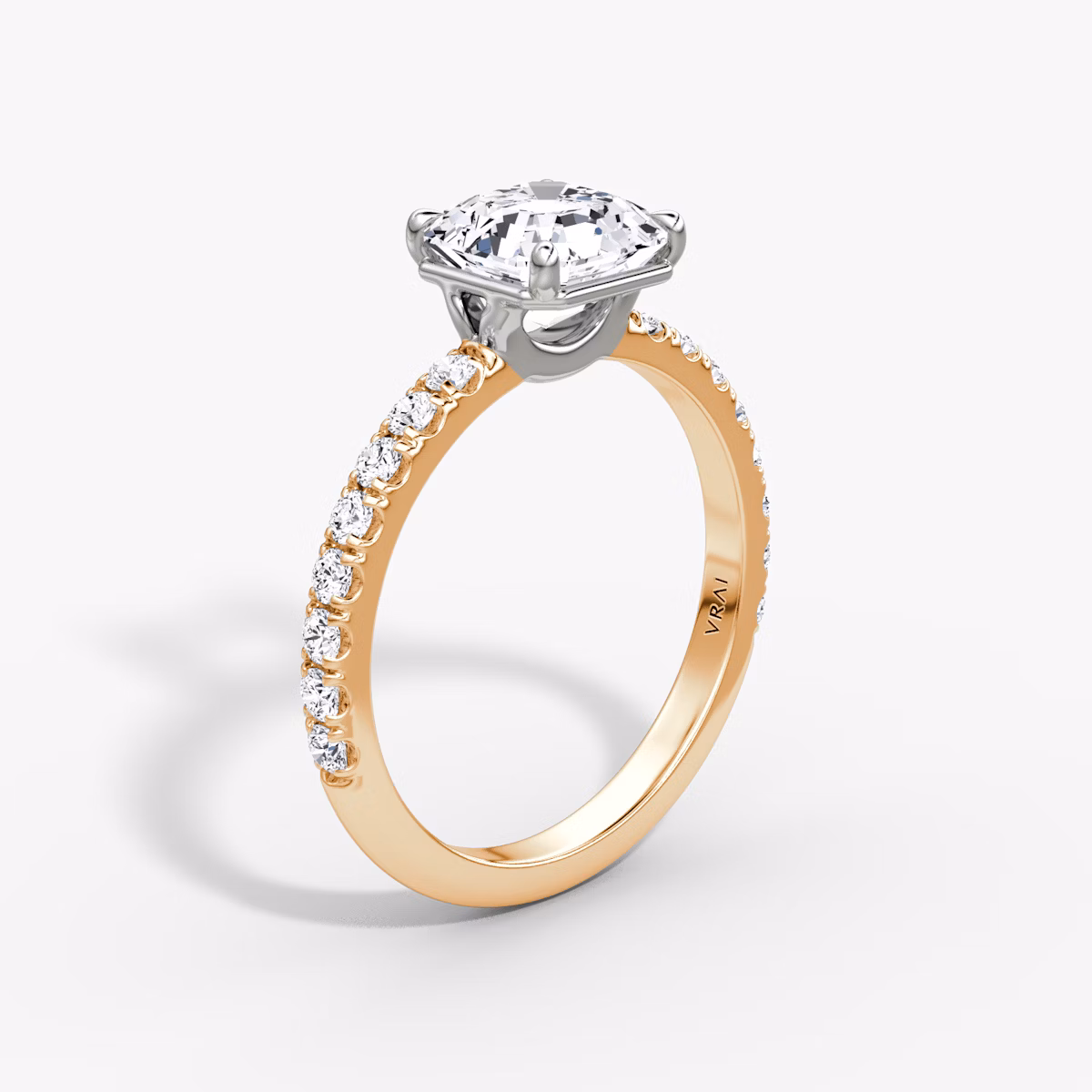 The Signature | Asscher | 14k | Rose Gold and Platinum | bandAccent: Pavé | bandWidth: large | hiddenHalo: no | diamondOrientation: vertical | caratWeight: other