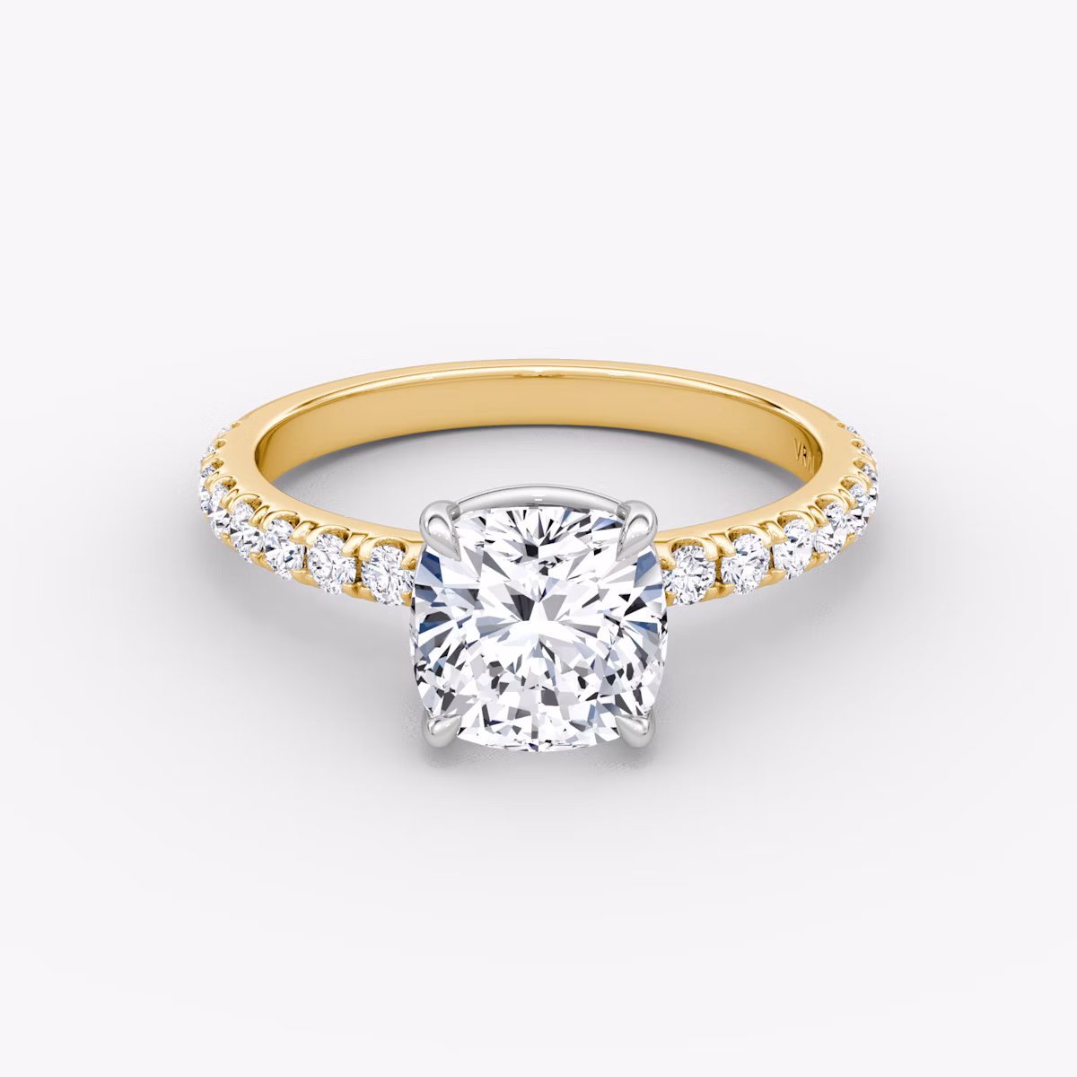 The Signature | Cushion | 18k | Yellow Gold and Platinum | bandAccent: Pavé | bandWidth: large | hiddenHalo: no | diamondOrientation: vertical | caratWeight: other