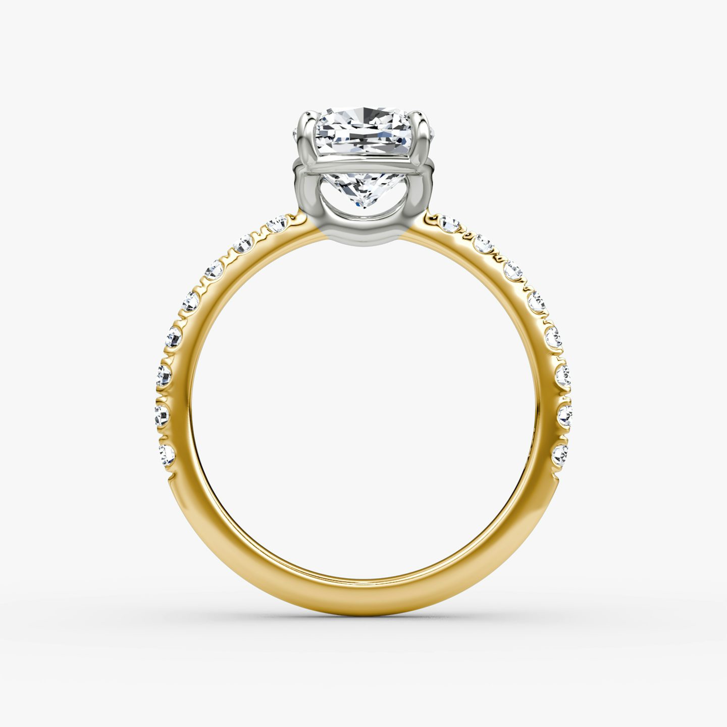 The Signature | Cushion | 18k | Yellow Gold and Platinum | bandAccent: Pavé | bandWidth: large | hiddenHalo: no | diamondOrientation: vertical | caratWeight: other