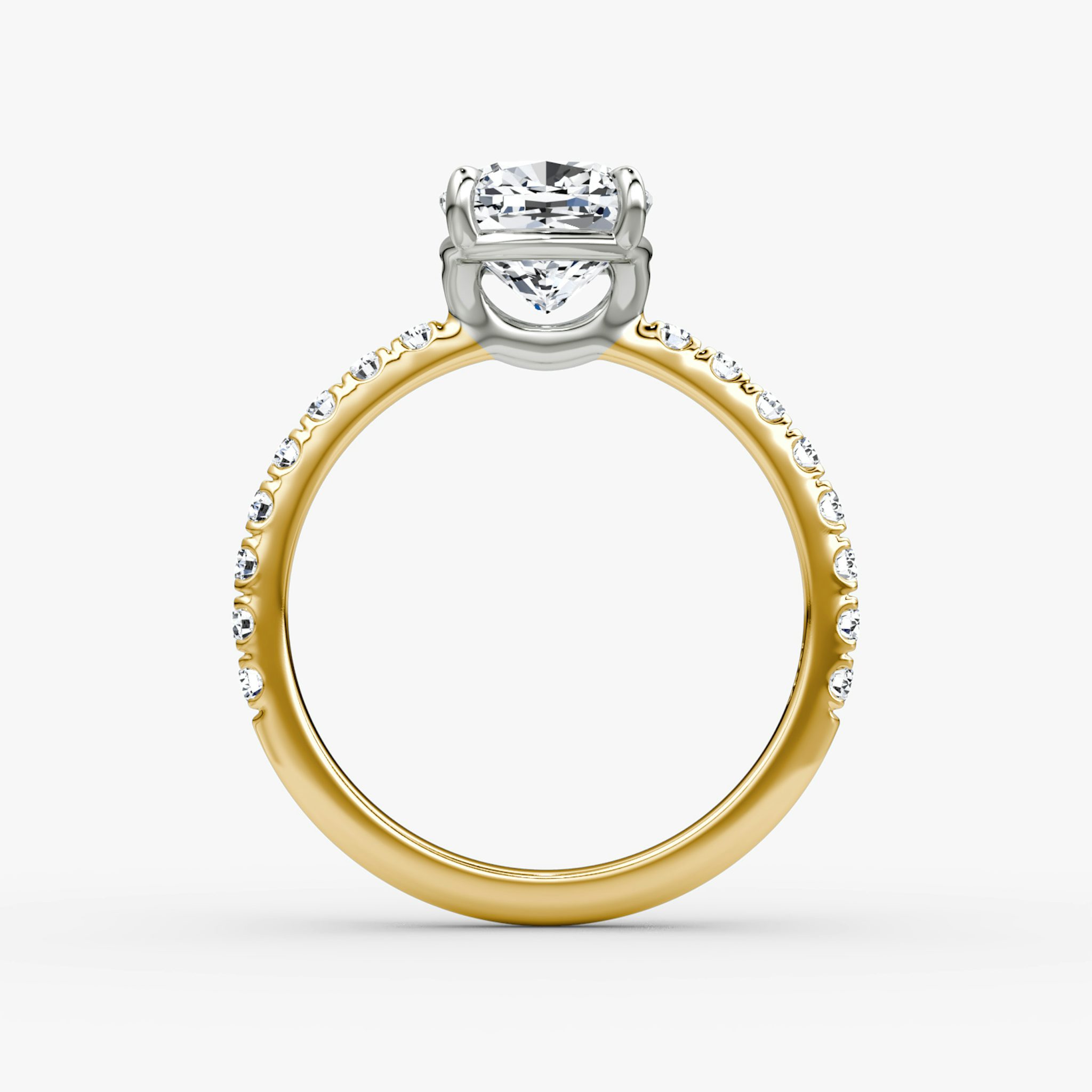 The Signature | Cushion | 18k | Yellow Gold and Platinum | bandAccent: Pavé | bandWidth: large | hiddenHalo: no | diamondOrientation: vertical | caratWeight: other