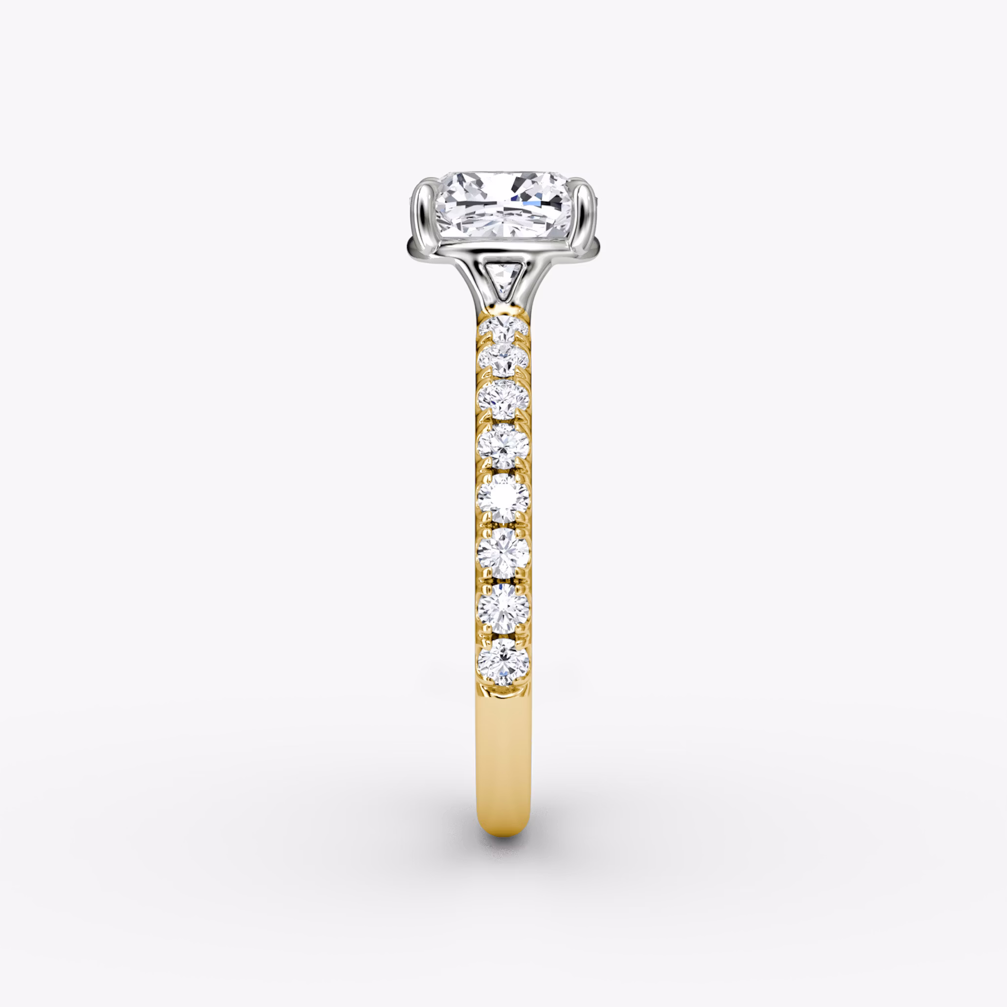The Signature | Cushion | 18k | Yellow Gold and Platinum | bandAccent: Pavé | bandWidth: large | hiddenHalo: no | diamondOrientation: vertical | caratWeight: other