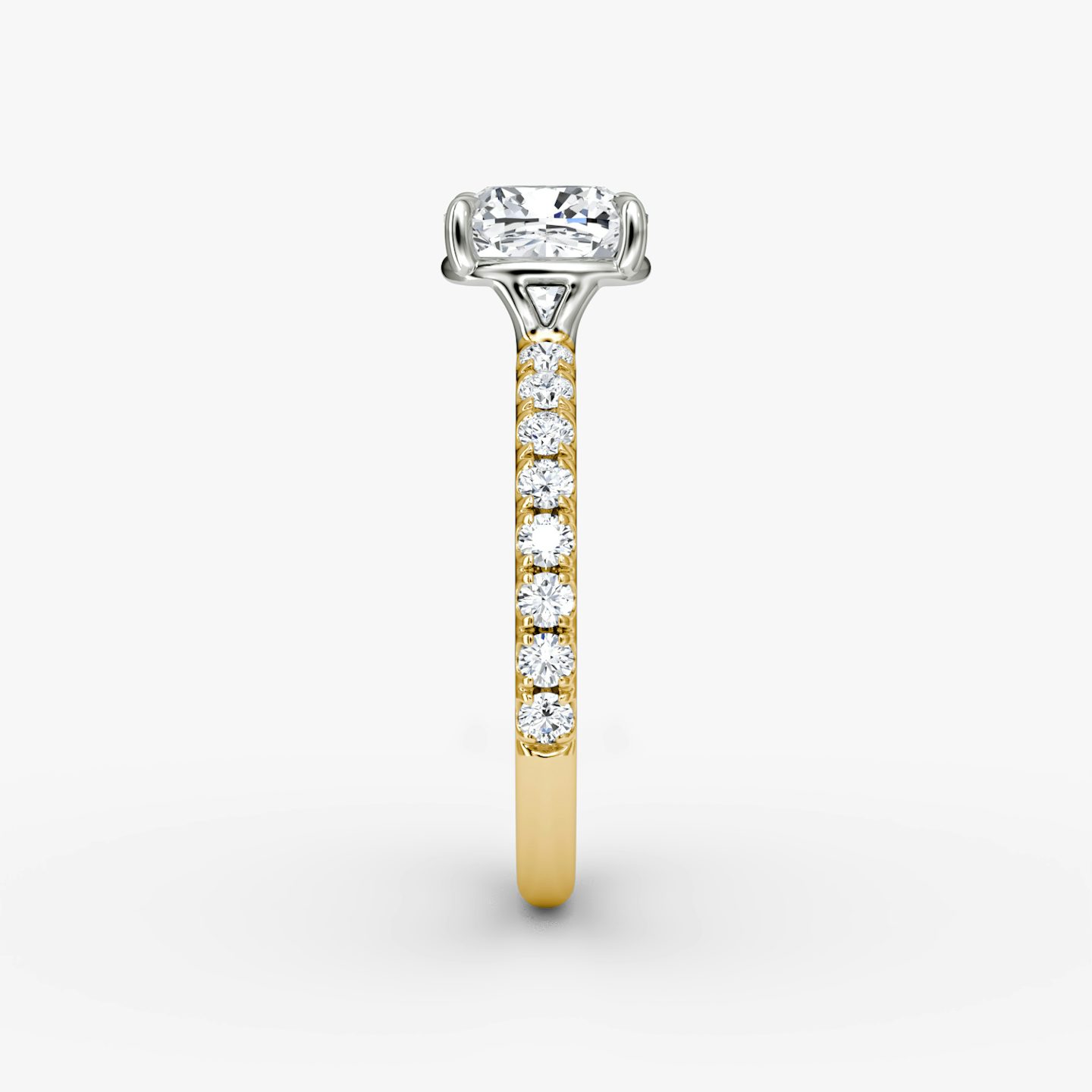 The Signature | Cushion | 18k | Yellow Gold and Platinum | bandAccent: Pavé | bandWidth: large | hiddenHalo: no | diamondOrientation: vertical | caratWeight: other