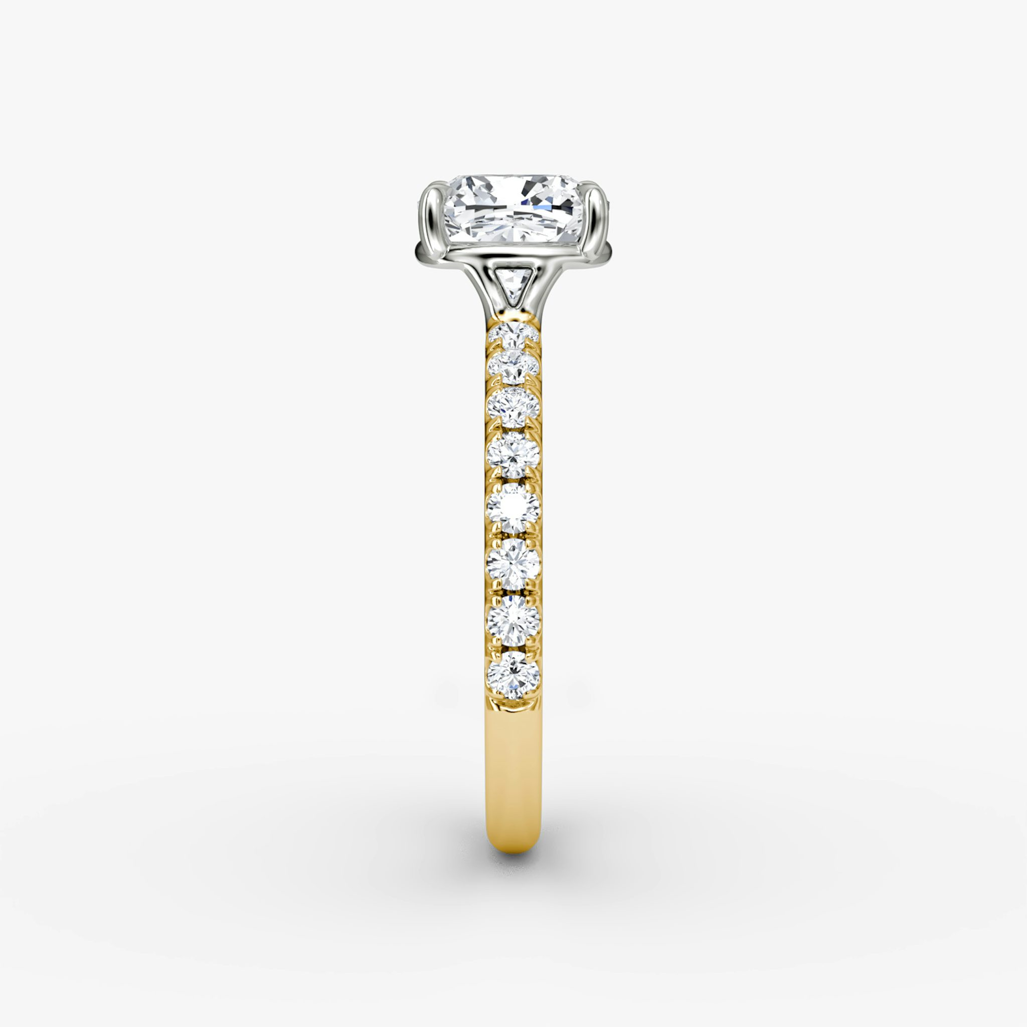 The Signature | Cushion | 18k | Yellow Gold and Platinum | bandAccent: Pavé | bandWidth: large | hiddenHalo: no | diamondOrientation: vertical | caratWeight: other