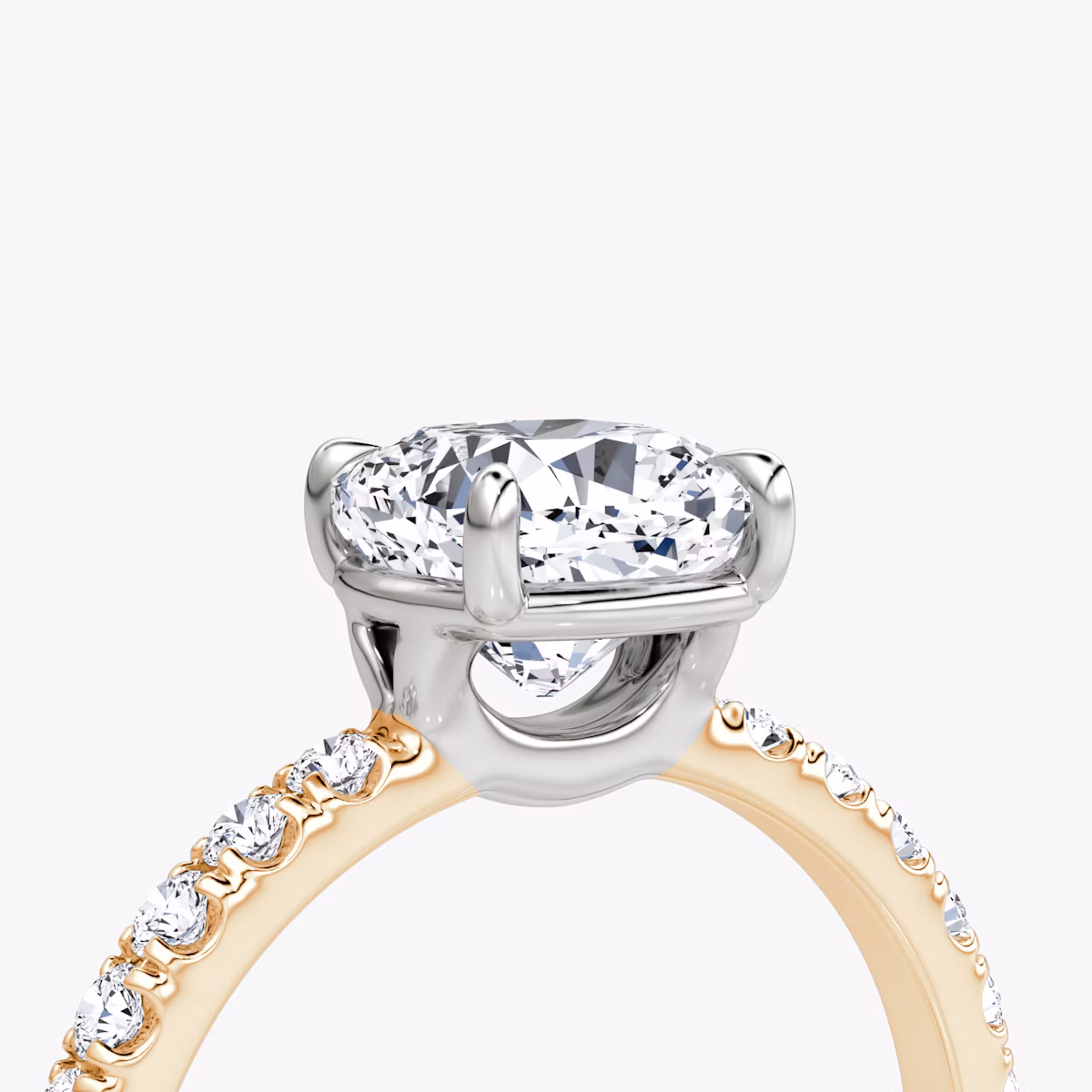 The Signature | Cushion | 14k | Rose Gold and Platinum | bandAccent: Pavé | bandWidth: large | hiddenHalo: no | diamondOrientation: vertical | caratWeight: other