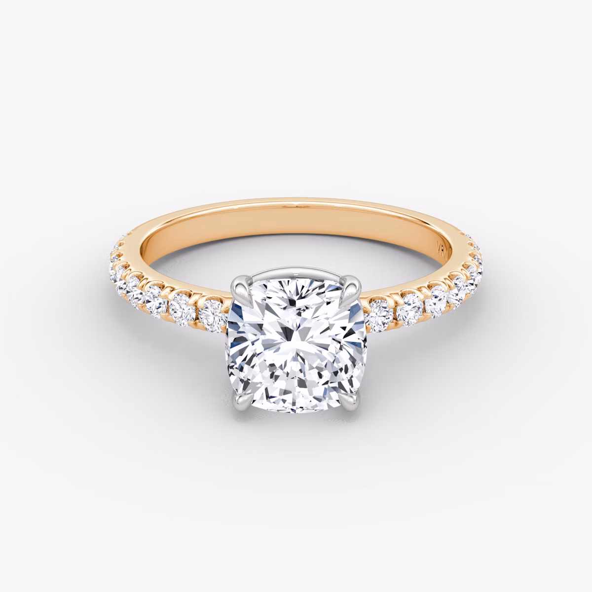 The Signature | Cushion | 14k | Rose Gold and Platinum | bandAccent: Pavé | bandWidth: large | hiddenHalo: no | diamondOrientation: vertical | caratWeight: other