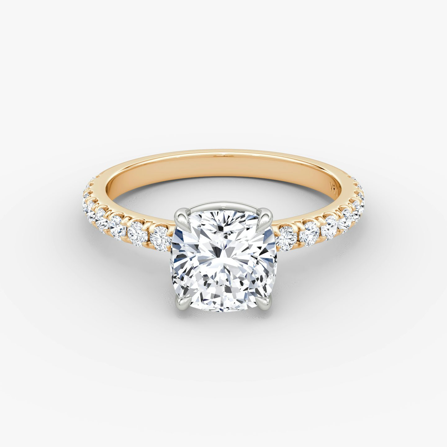 The Signature | Cushion | 14k | Rose Gold and Platinum | bandAccent: Pavé | bandWidth: large | hiddenHalo: no | diamondOrientation: vertical | caratWeight: other