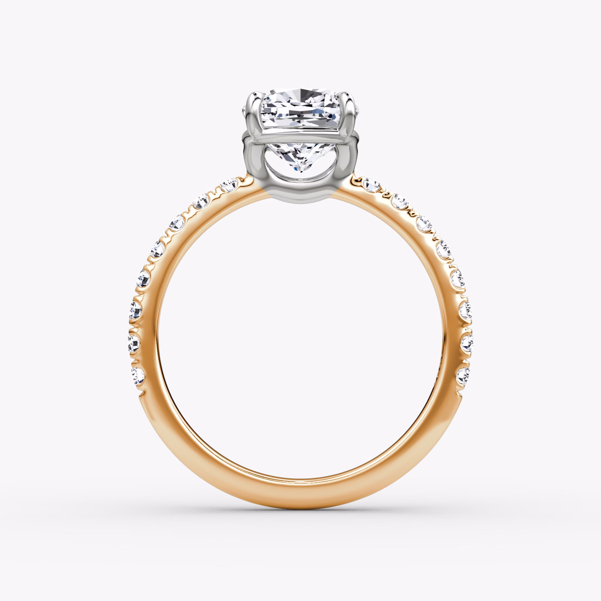 The Signature | Cushion | 14k | Rose Gold and Platinum | bandAccent: Pavé | bandWidth: large | hiddenHalo: no | diamondOrientation: vertical | caratWeight: other