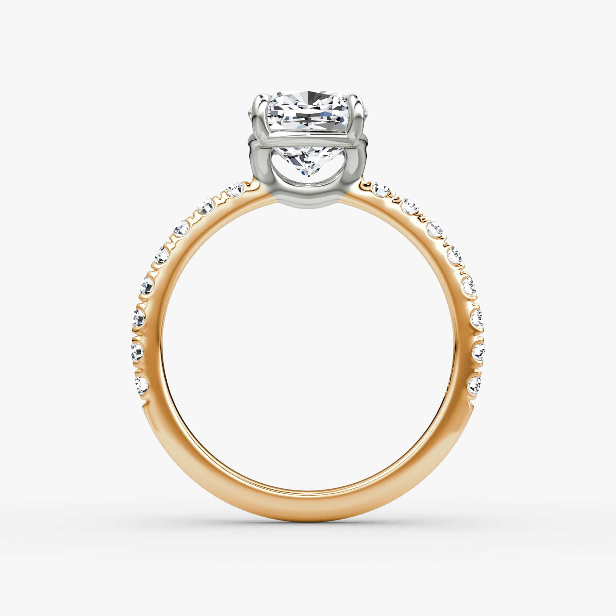 The Signature | Cushion | 14k | Rose Gold and Platinum | bandAccent: Pavé | bandWidth: large | hiddenHalo: no | diamondOrientation: vertical | caratWeight: other