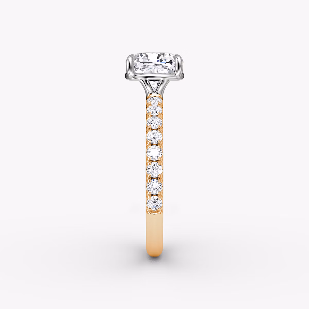 The Signature | Cushion | 14k | Rose Gold and Platinum | bandAccent: Pavé | bandWidth: large | hiddenHalo: no | diamondOrientation: vertical | caratWeight: other