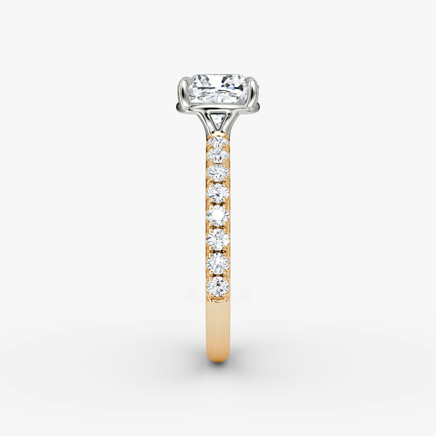 The Signature | Cushion | 14k | Rose Gold and Platinum | bandAccent: Pavé | bandWidth: large | hiddenHalo: no | diamondOrientation: vertical | caratWeight: other