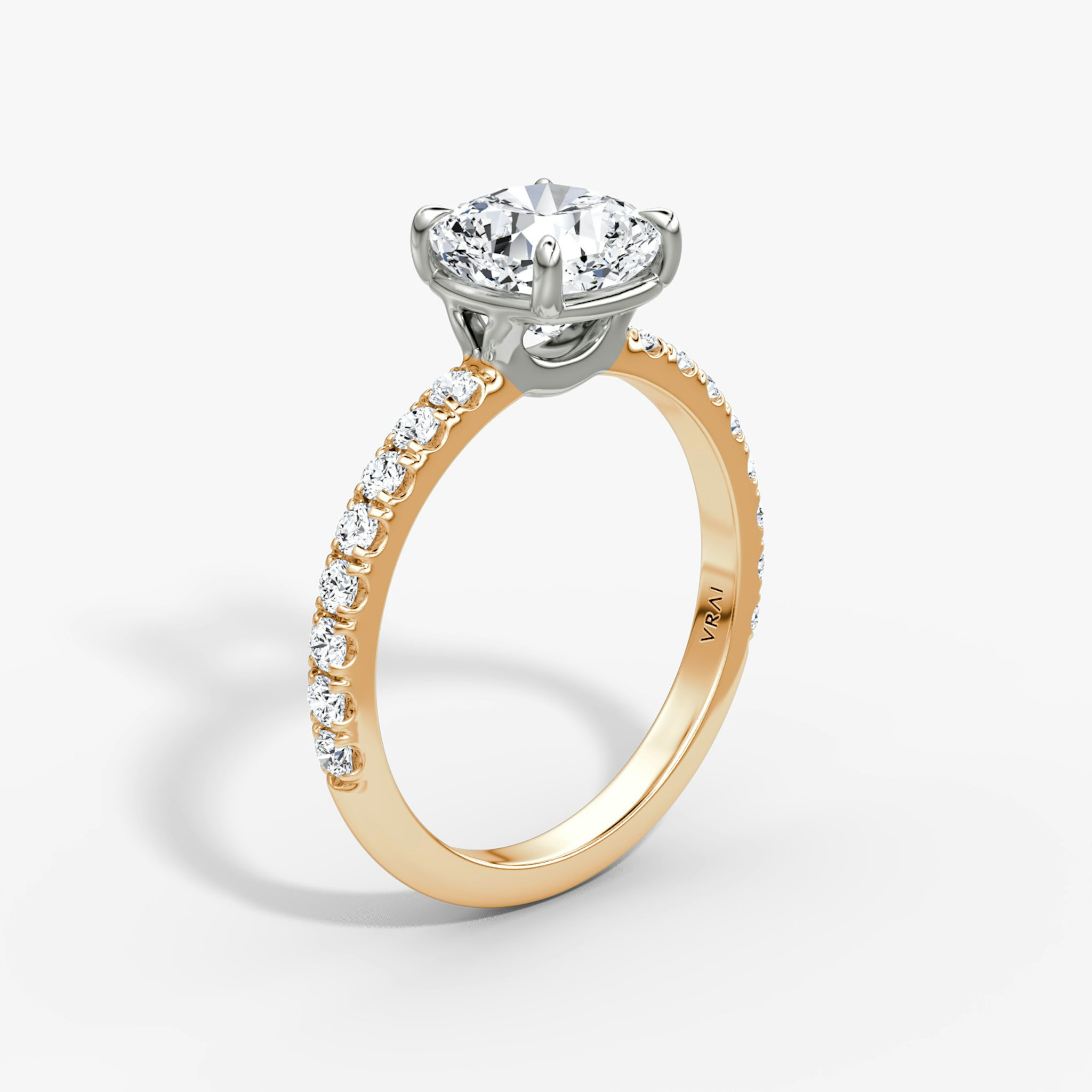 The Signature | Cushion | 14k | Rose Gold and Platinum | bandAccent: Pavé | bandWidth: large | hiddenHalo: no | diamondOrientation: vertical | caratWeight: other