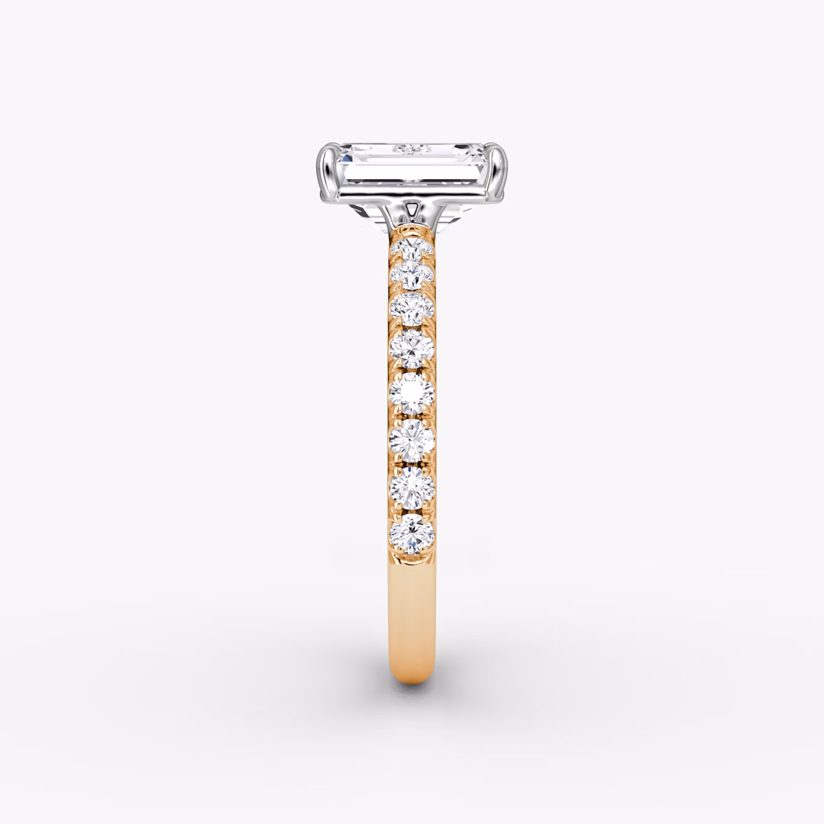 The Signature | Emerald | 14k | Rose Gold and Platinum | bandAccent: Pavé | bandWidth: large | hiddenHalo: no | diamondOrientation: vertical | caratWeight: other