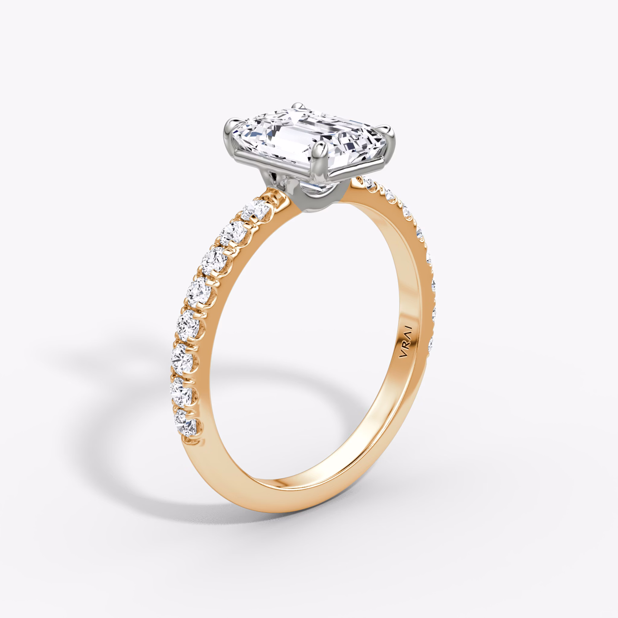 The Signature | Emerald | 14k | Rose Gold and Platinum | bandAccent: Pavé | bandWidth: large | hiddenHalo: no | diamondOrientation: vertical | caratWeight: other