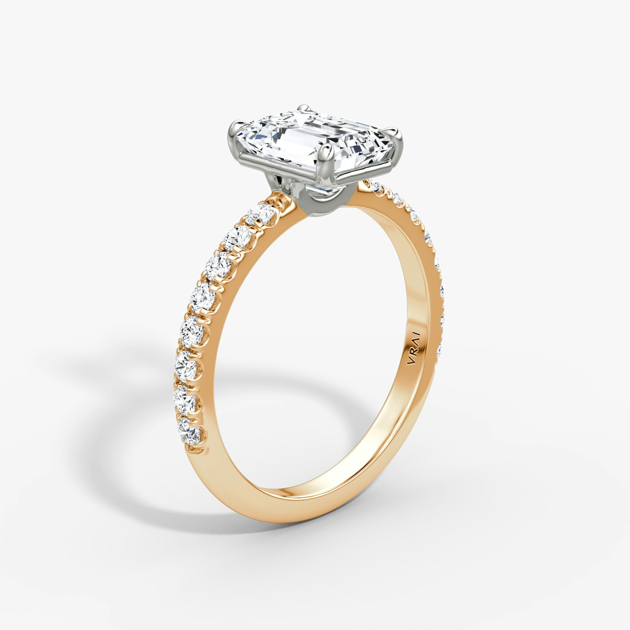 The Signature | Emerald | 14k | Rose Gold and Platinum | bandAccent: Pavé | bandWidth: large | hiddenHalo: no | diamondOrientation: vertical | caratWeight: other