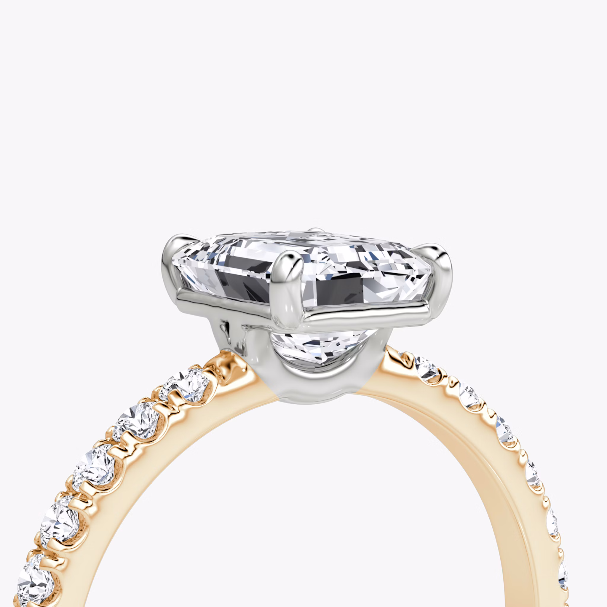 The Signature | Emerald | 14k | Rose Gold and Platinum | bandAccent: Pavé | bandWidth: large | hiddenHalo: no | diamondOrientation: vertical | caratWeight: other