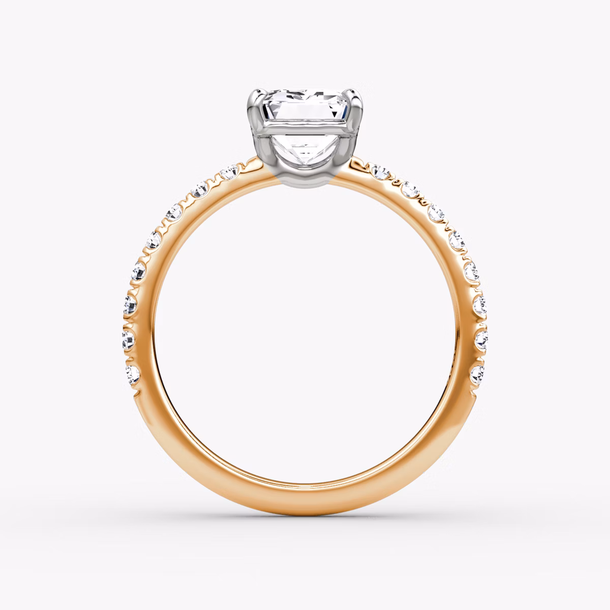 The Signature | Emerald | 14k | Rose Gold and Platinum | bandAccent: Pavé | bandWidth: large | hiddenHalo: no | diamondOrientation: vertical | caratWeight: other