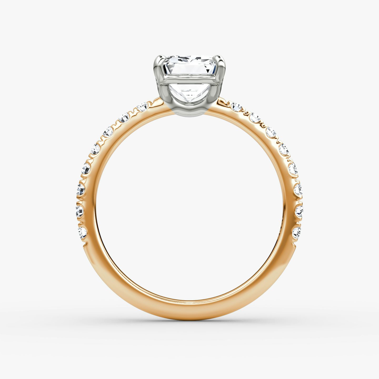 The Signature | Emerald | 14k | Rose Gold and Platinum | bandAccent: Pavé | bandWidth: large | hiddenHalo: no | diamondOrientation: vertical | caratWeight: other