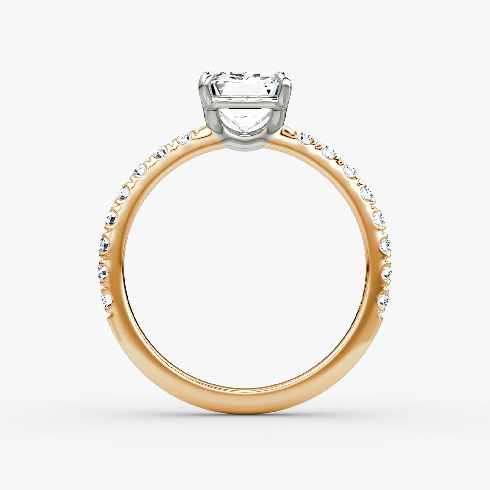 The Signature | Emerald | 14k | Rose Gold and Platinum | bandAccent: Pavé | bandWidth: large | hiddenHalo: no | diamondOrientation: vertical | caratWeight: other
