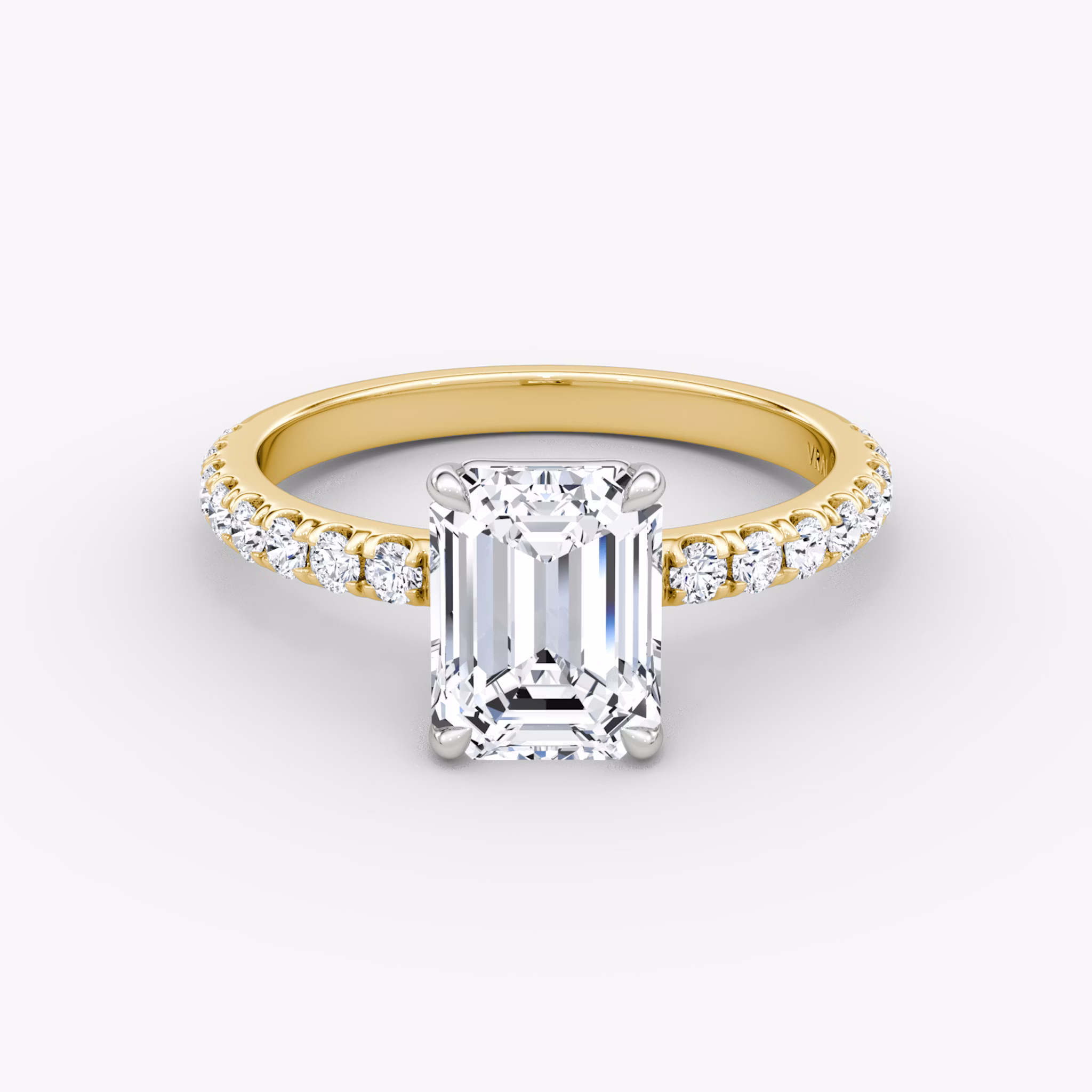 The Signature | Emerald | 18k | Yellow Gold and Platinum | bandAccent: Pavé | bandWidth: large | hiddenHalo: no | diamondOrientation: vertical | caratWeight: other