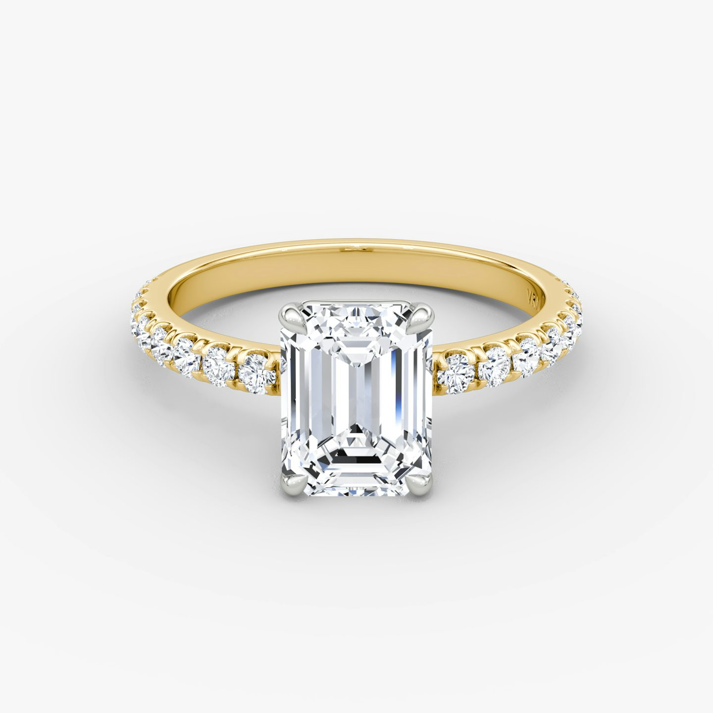 The Signature | Emerald | 18k | Yellow Gold and Platinum | bandAccent: Pavé | bandWidth: large | hiddenHalo: no | diamondOrientation: vertical | caratWeight: other