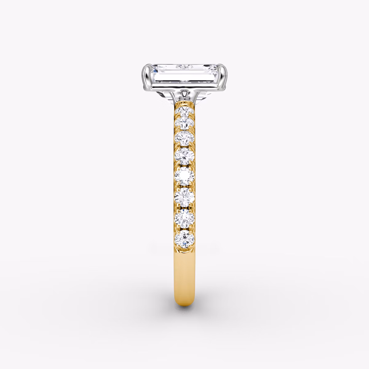 The Signature | Emerald | 18k | Yellow Gold and Platinum | bandAccent: Pavé | bandWidth: large | hiddenHalo: no | diamondOrientation: vertical | caratWeight: other
