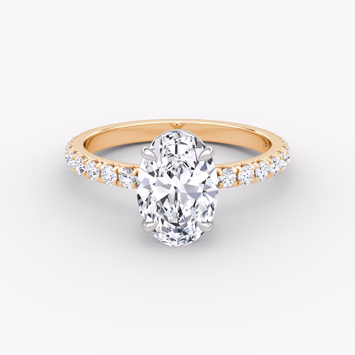 The Signature | Oval | 14k | Rose Gold and Platinum | bandAccent: Pavé | bandWidth: large | hiddenHalo: no | diamondOrientation: vertical | caratWeight: other