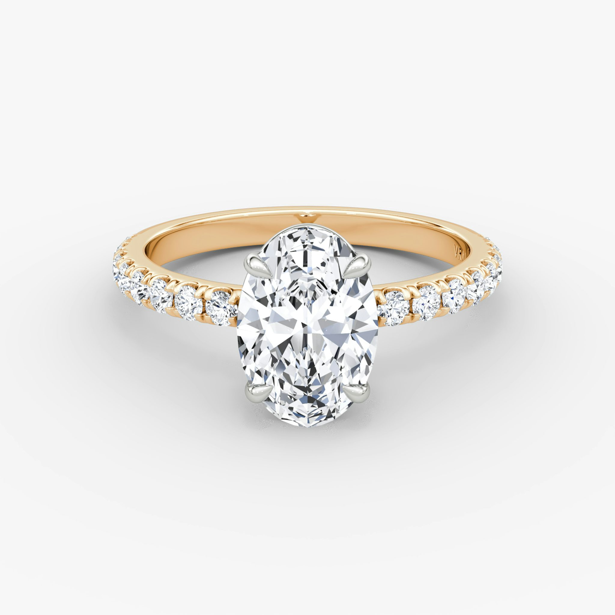 The Signature | Oval | 14k | Rose Gold and Platinum | bandAccent: Pavé | bandWidth: large | hiddenHalo: no | diamondOrientation: vertical | caratWeight: other