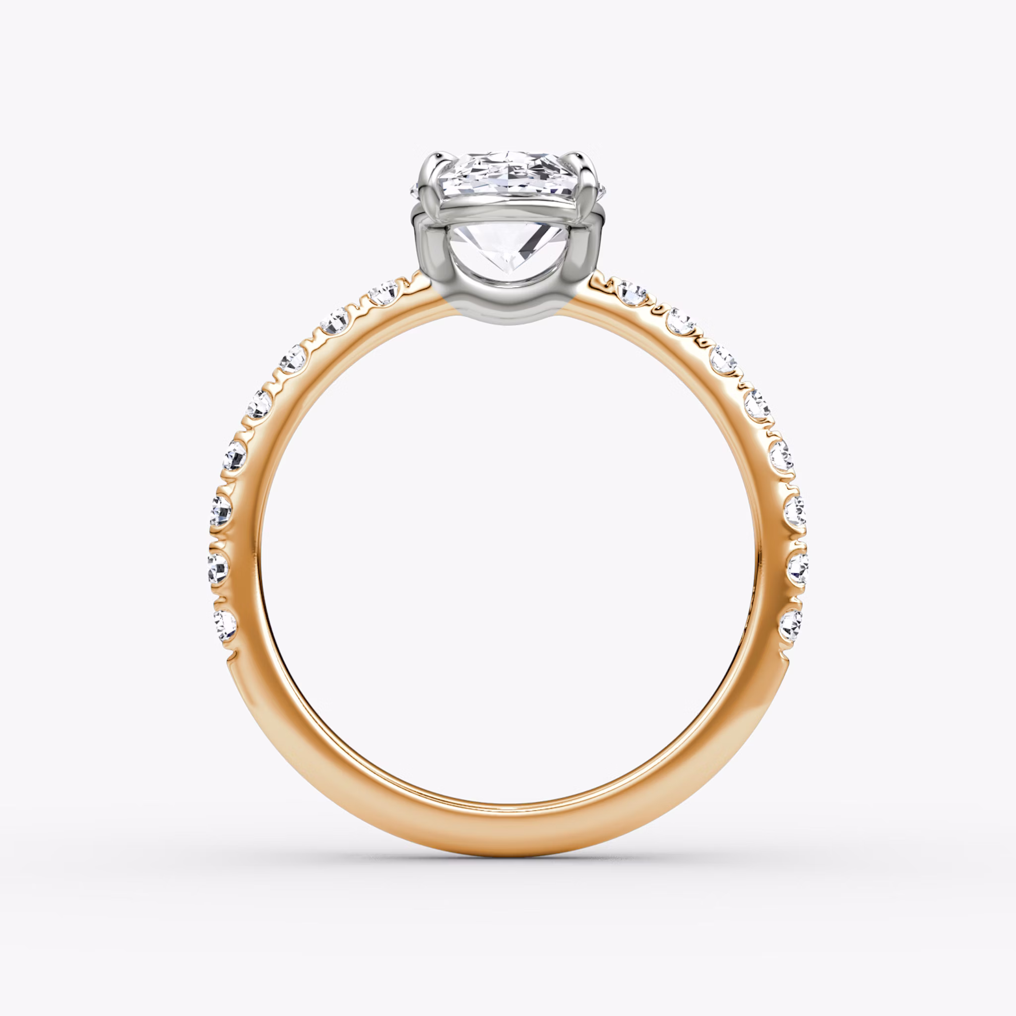 The Signature | Oval | 14k | Rose Gold and Platinum | bandAccent: Pavé | bandWidth: large | hiddenHalo: no | diamondOrientation: vertical | caratWeight: other