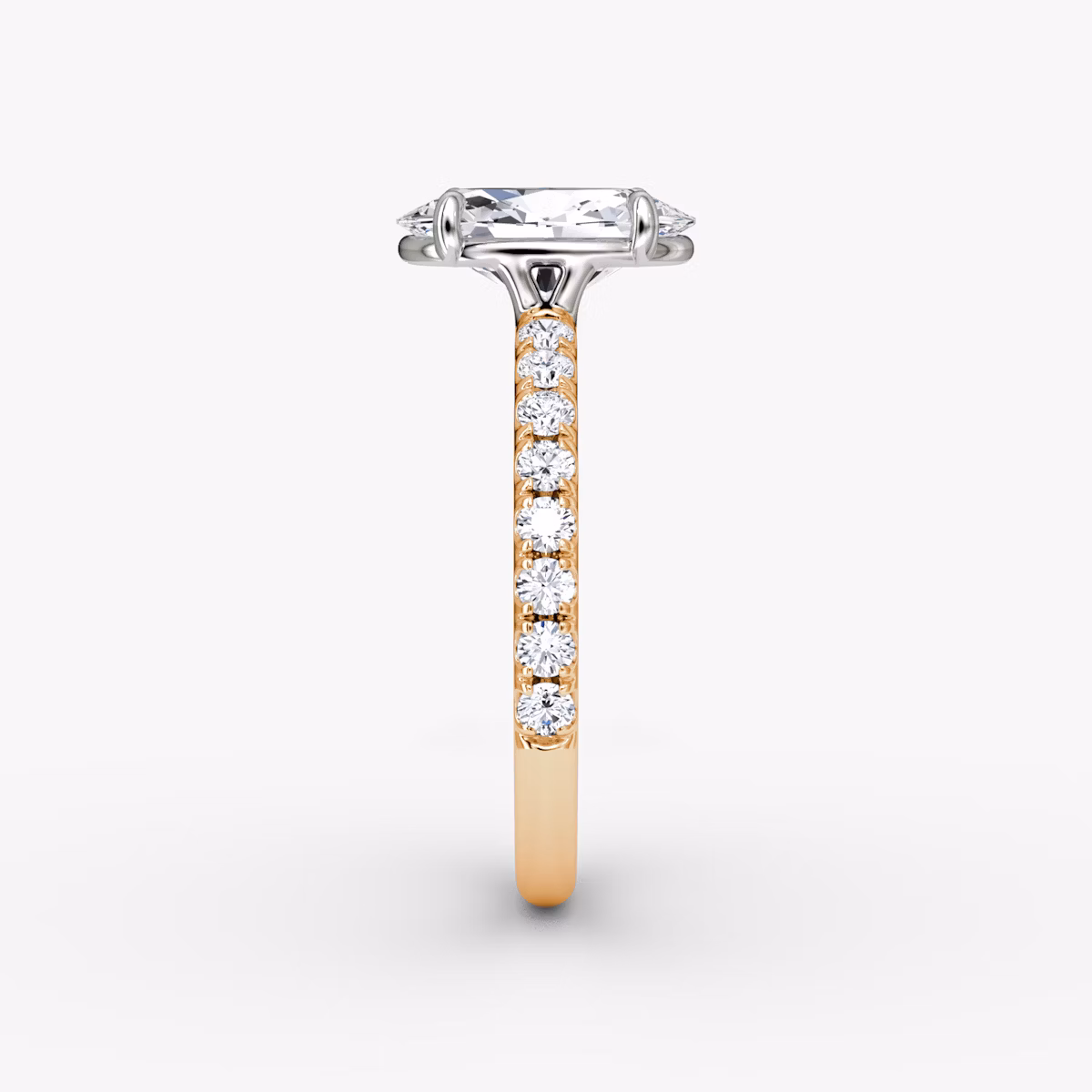 The Signature | Oval | 14k | Rose Gold and Platinum | bandAccent: Pavé | bandWidth: large | hiddenHalo: no | diamondOrientation: vertical | caratWeight: other