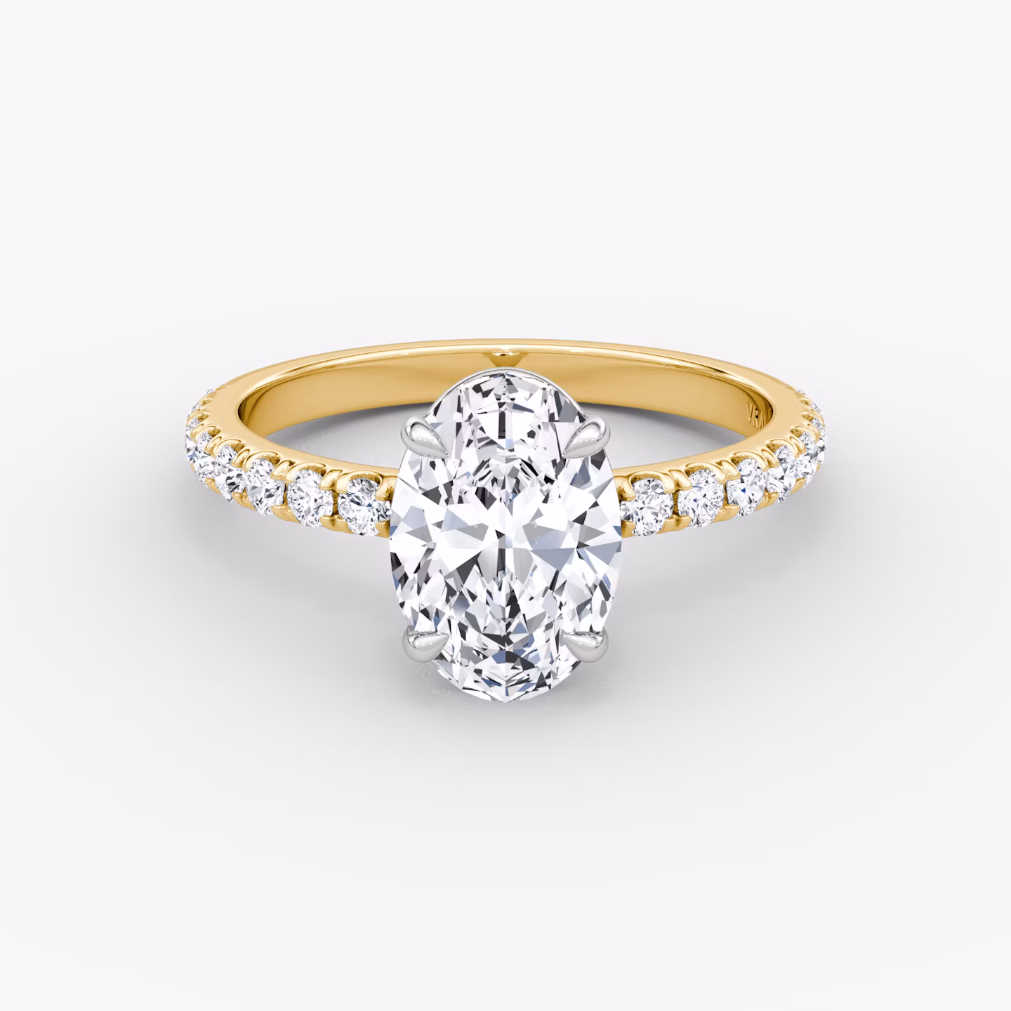 The Signature | Oval | 18k | Yellow Gold and Platinum | bandAccent: Pavé | bandWidth: large | hiddenHalo: no | diamondOrientation: vertical | caratWeight: other