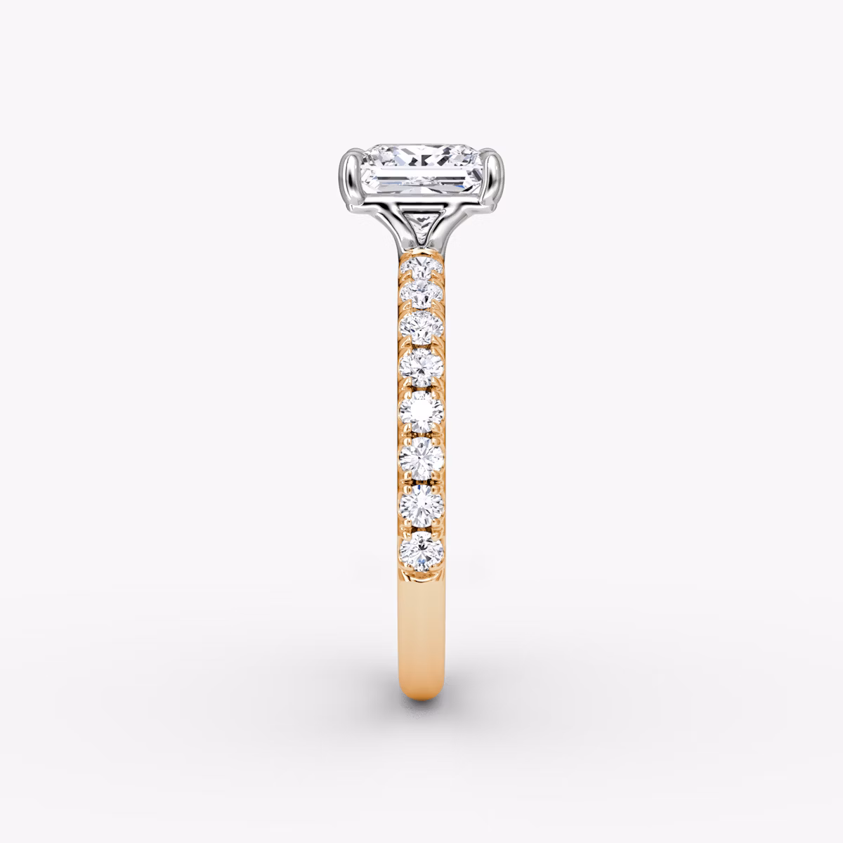 The Signature | Princess | 14k | Rose Gold and Platinum | bandAccent: Pavé | bandWidth: large | hiddenHalo: no | diamondOrientation: vertical | caratWeight: other