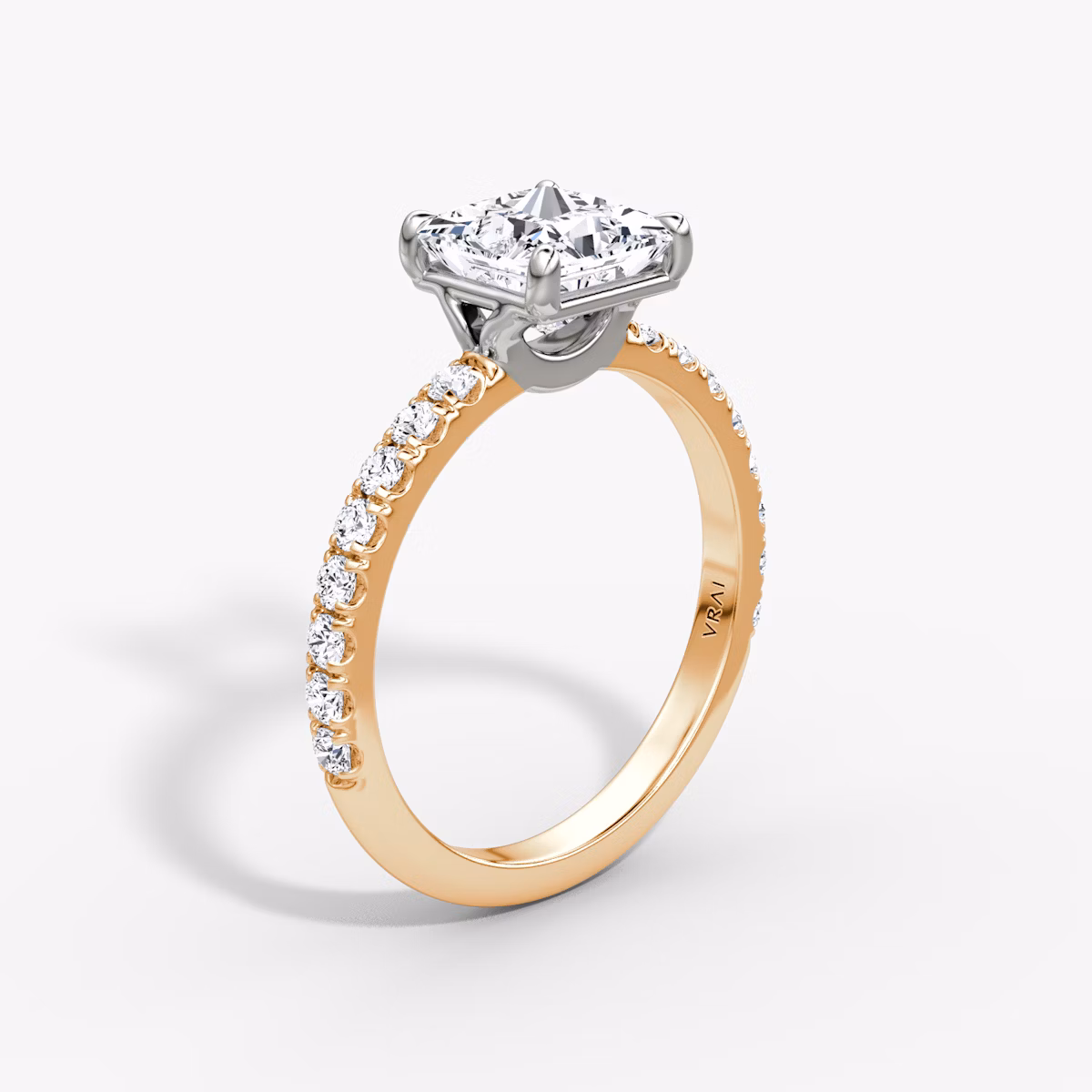The Signature | Princess | 14k | Rose Gold and Platinum | bandAccent: Pavé | bandWidth: large | hiddenHalo: no | diamondOrientation: vertical | caratWeight: other