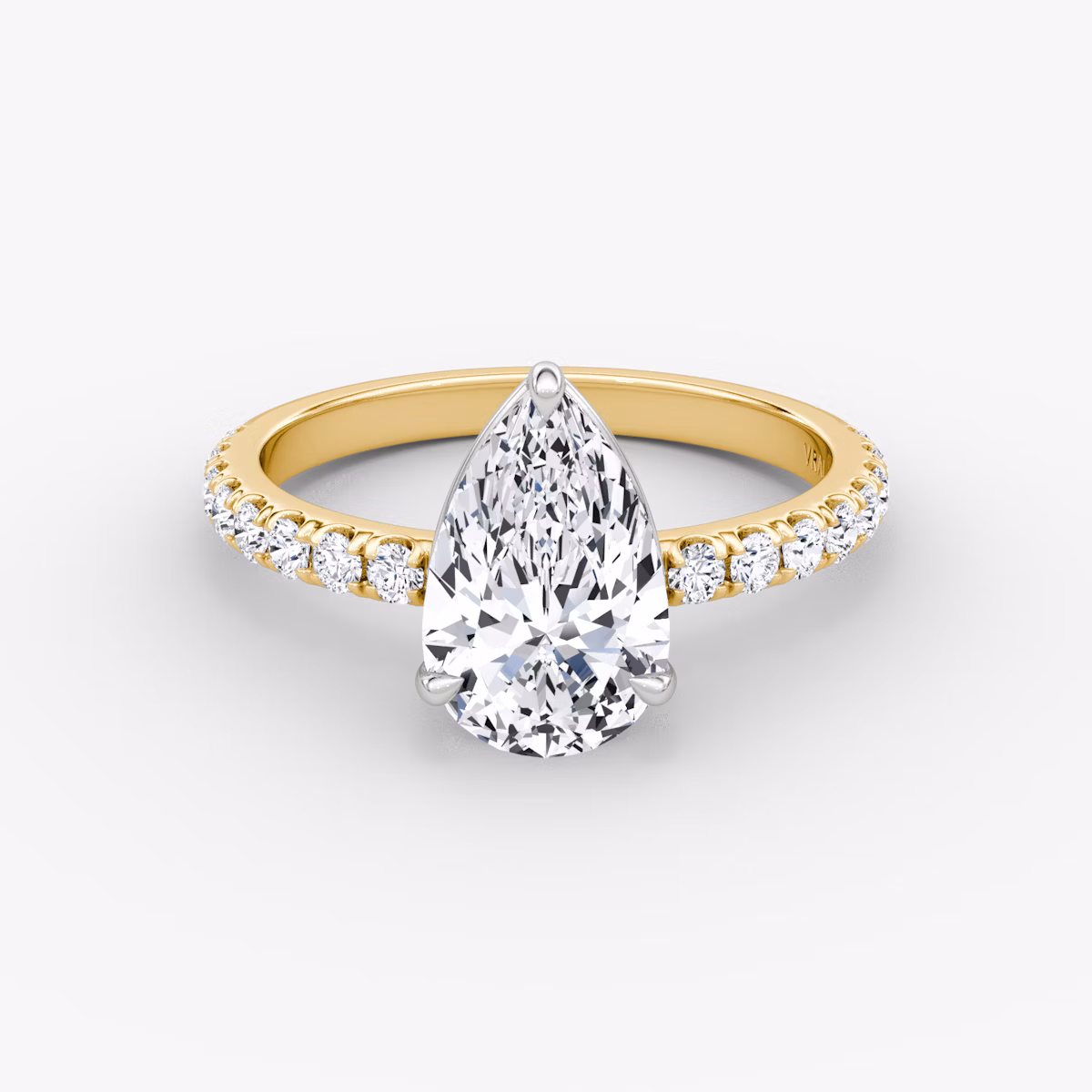 The Signature | Pear | 18k | Yellow Gold and Platinum | bandAccent: Pavé | bandWidth: large | hiddenHalo: no | diamondOrientation: vertical | caratWeight: other
