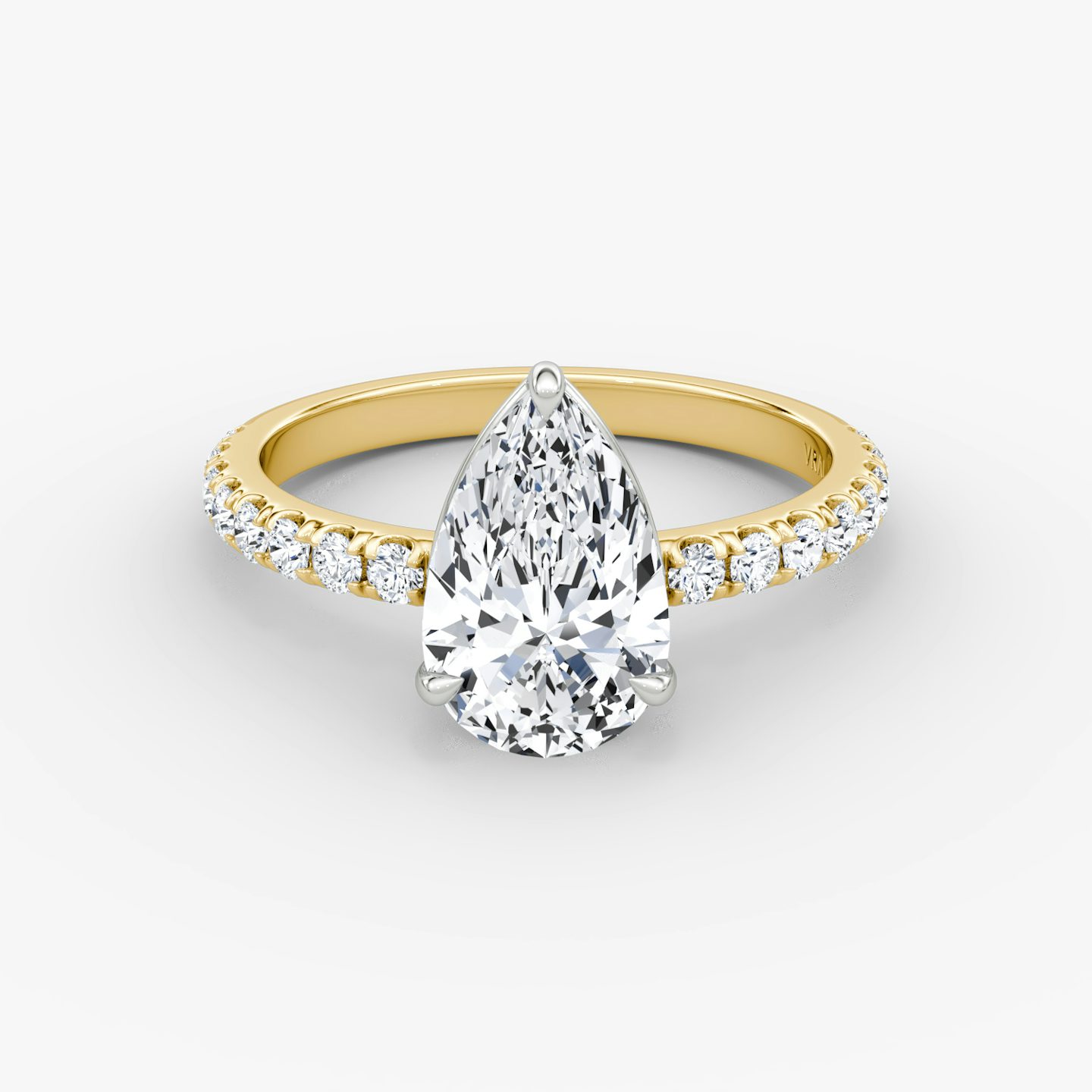 The Signature | Pear | 18k | Yellow Gold and Platinum | bandAccent: Pavé | bandWidth: large | hiddenHalo: no | diamondOrientation: vertical | caratWeight: other