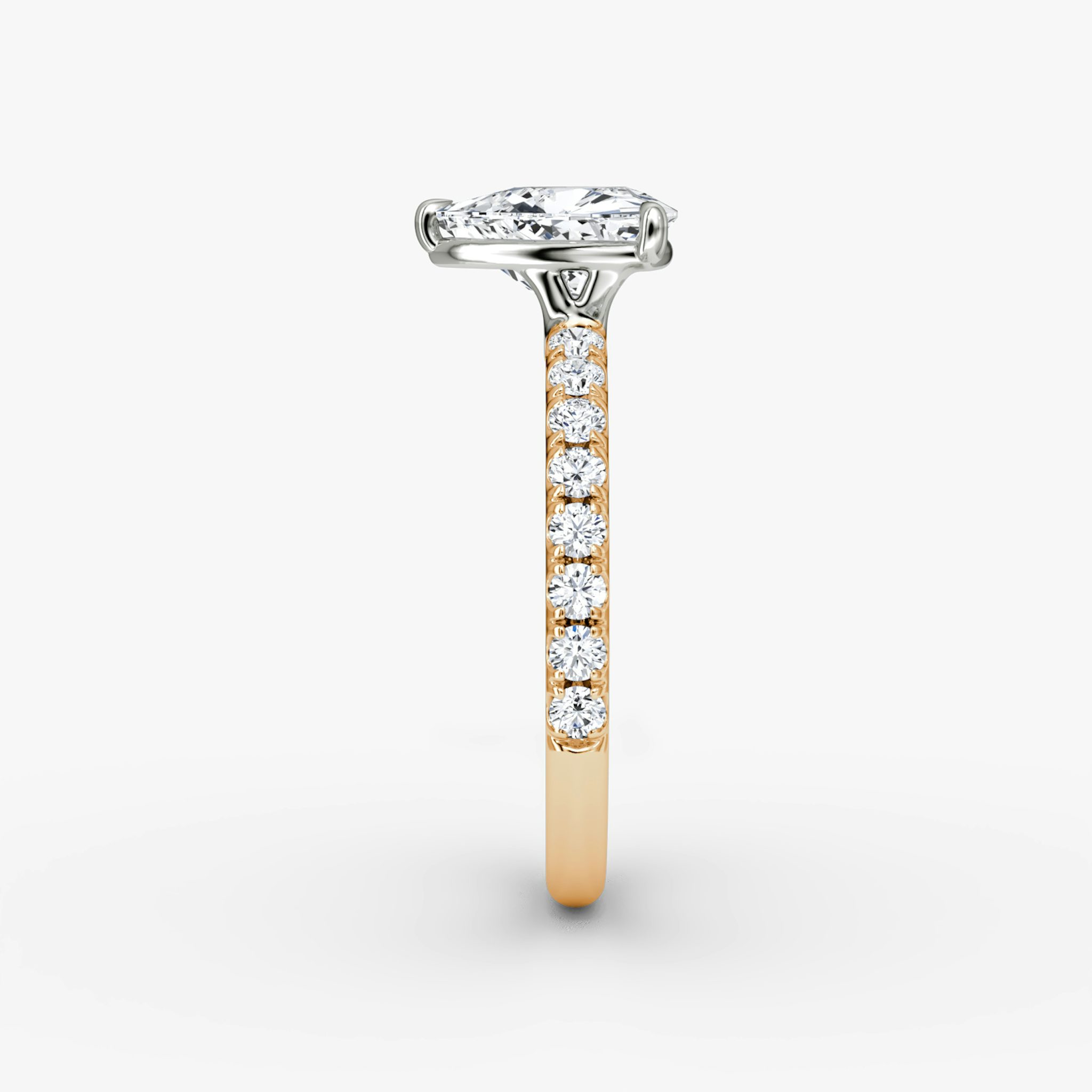 The Signature | Pear | 14k | Rose Gold and Platinum | bandAccent: Pavé | bandWidth: large | hiddenHalo: no | diamondOrientation: vertical | caratWeight: other