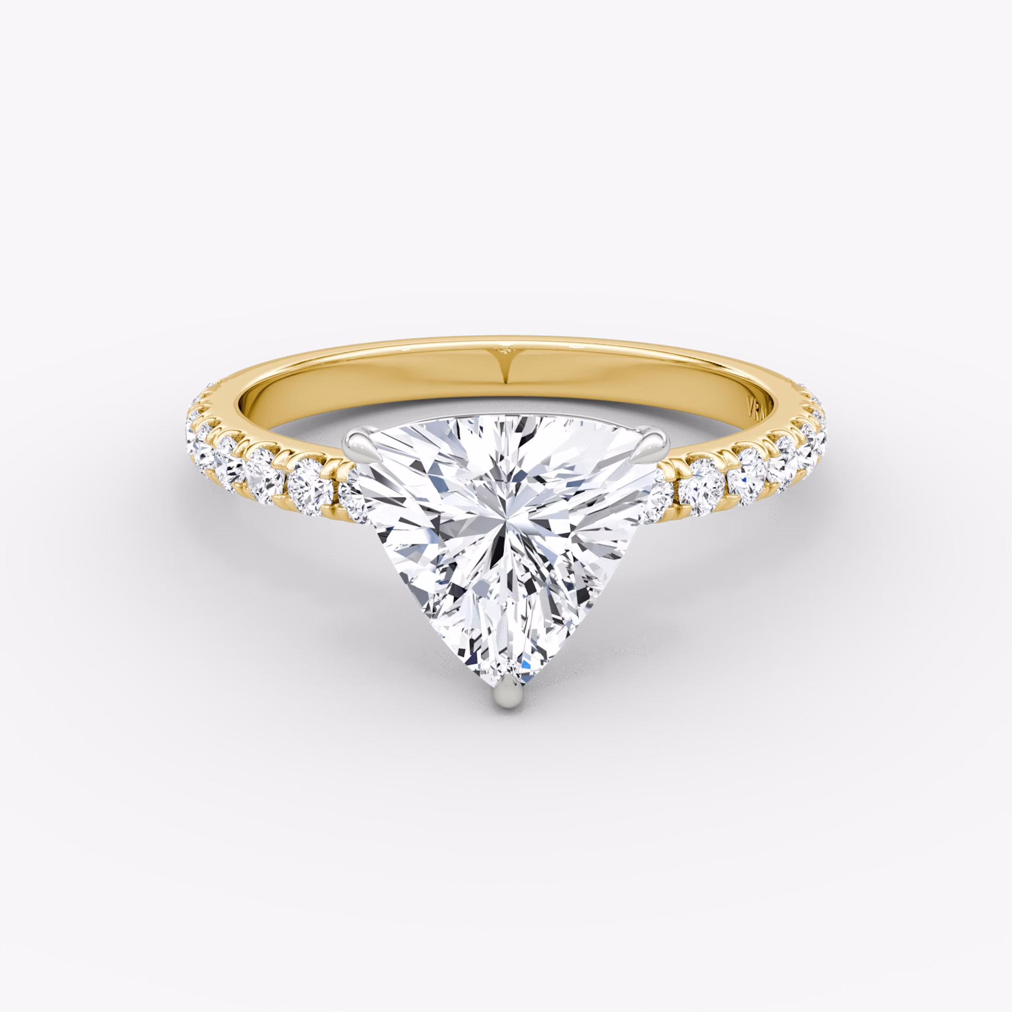 The Signature | Trillion | 18k | Yellow Gold and Platinum | bandAccent: Pavé | bandWidth: large | hiddenHalo: no | diamondOrientation: vertical | caratWeight: other