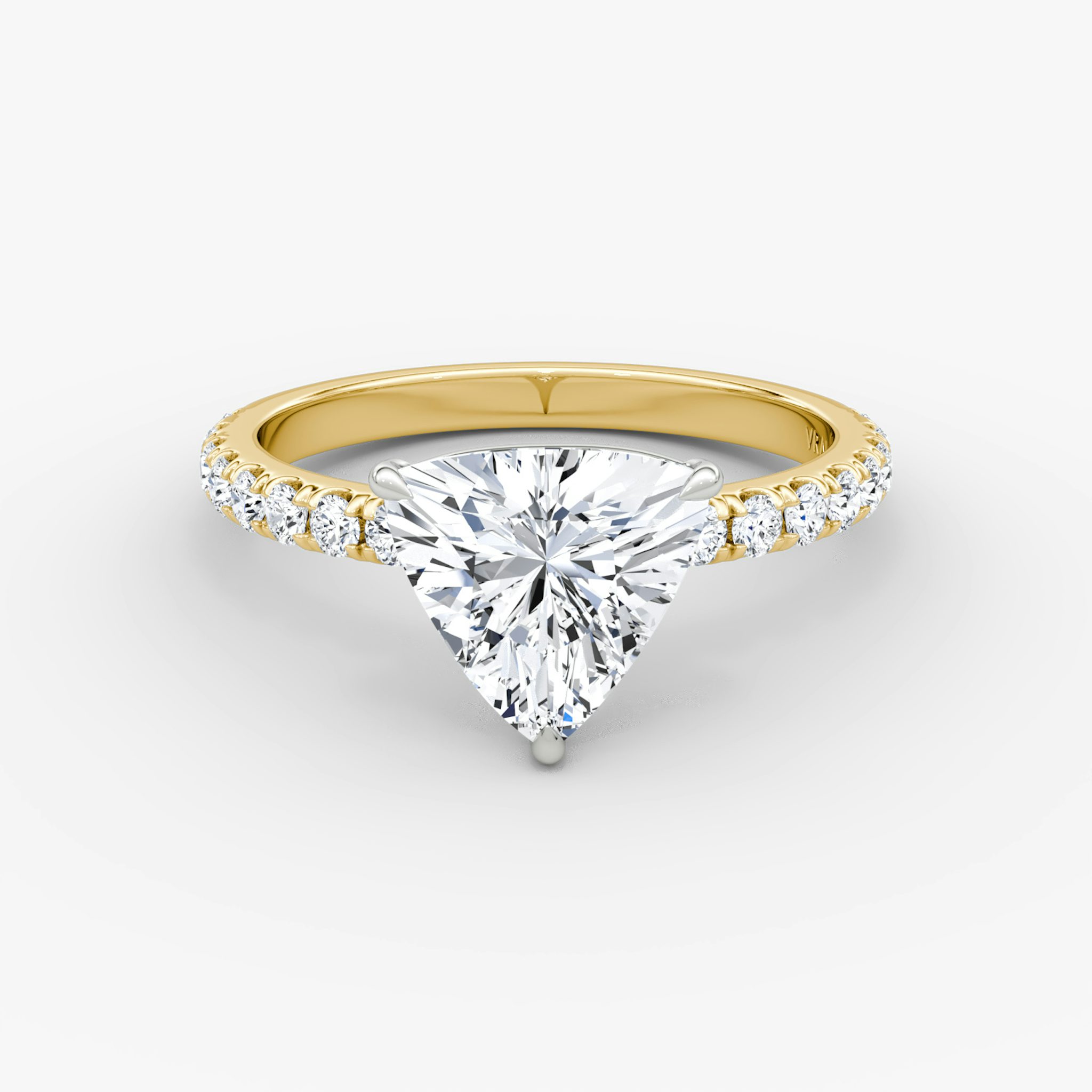 The Signature | Trillion | 18k | Yellow Gold and Platinum | bandAccent: Pavé | bandWidth: large | hiddenHalo: no | diamondOrientation: vertical | caratWeight: other