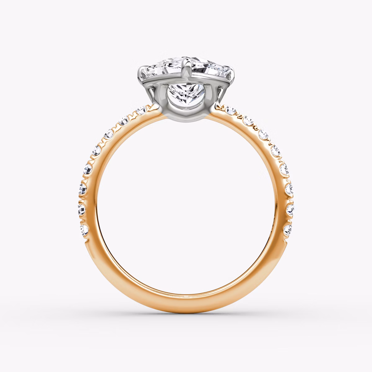 The Signature | Trillion | 14k | Rose Gold and Platinum | bandAccent: Pavé | bandWidth: large | hiddenHalo: no | diamondOrientation: vertical | caratWeight: other